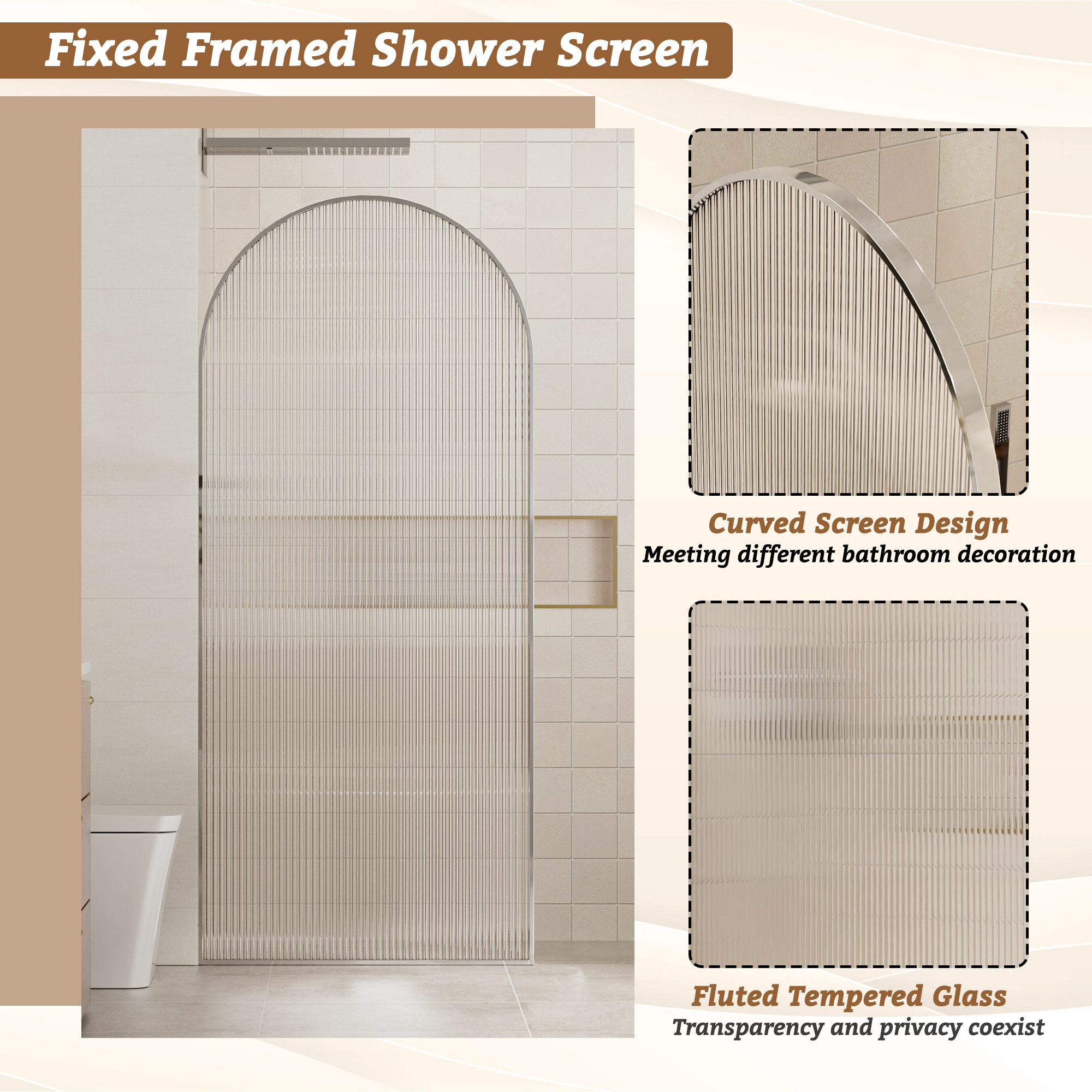 34"x78" Curved Frosted Glass Shower Screen with 10mm SGCC-Certified Tempered Glass