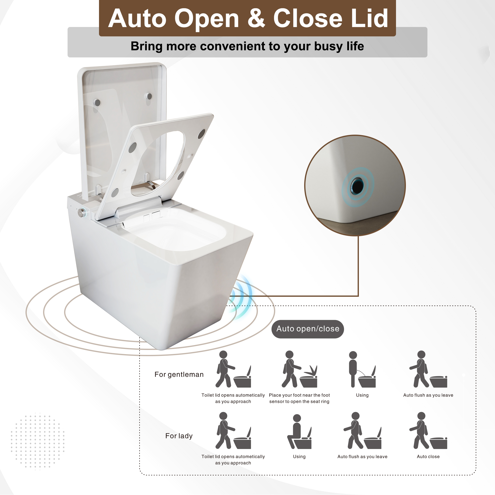 Black & White Smart Built-in Tank Bidet Toilet with Foot-Touch Lid Opening
