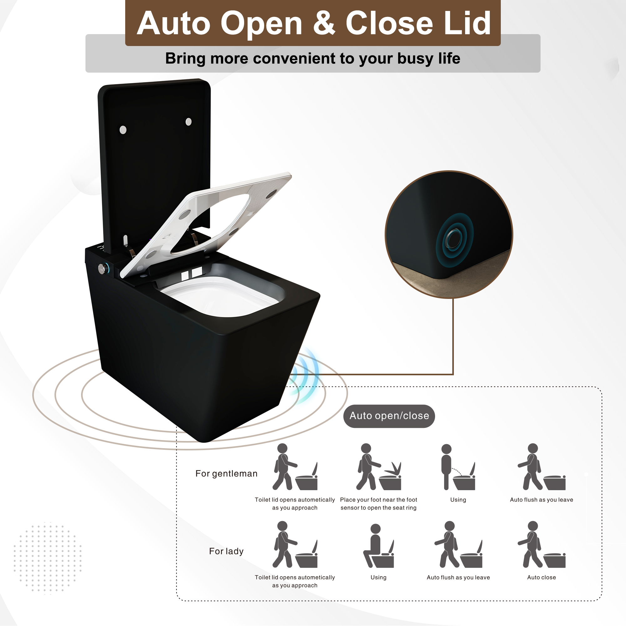 Black & White Smart Built-in Tank Bidet Toilet with Foot-Touch Lid Opening