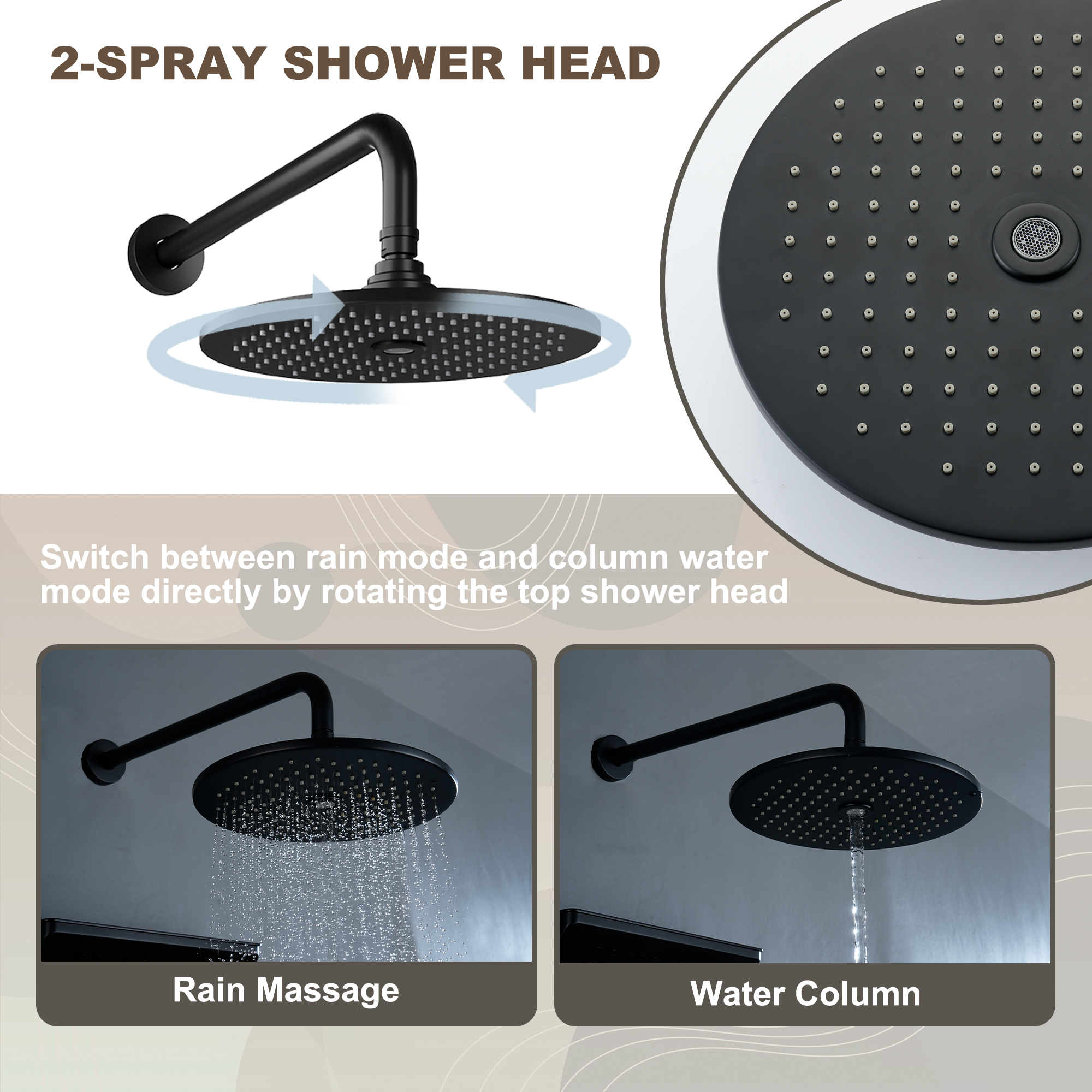 10-inch 3-Function Thermostatic Shower System with Neck Massage Jet