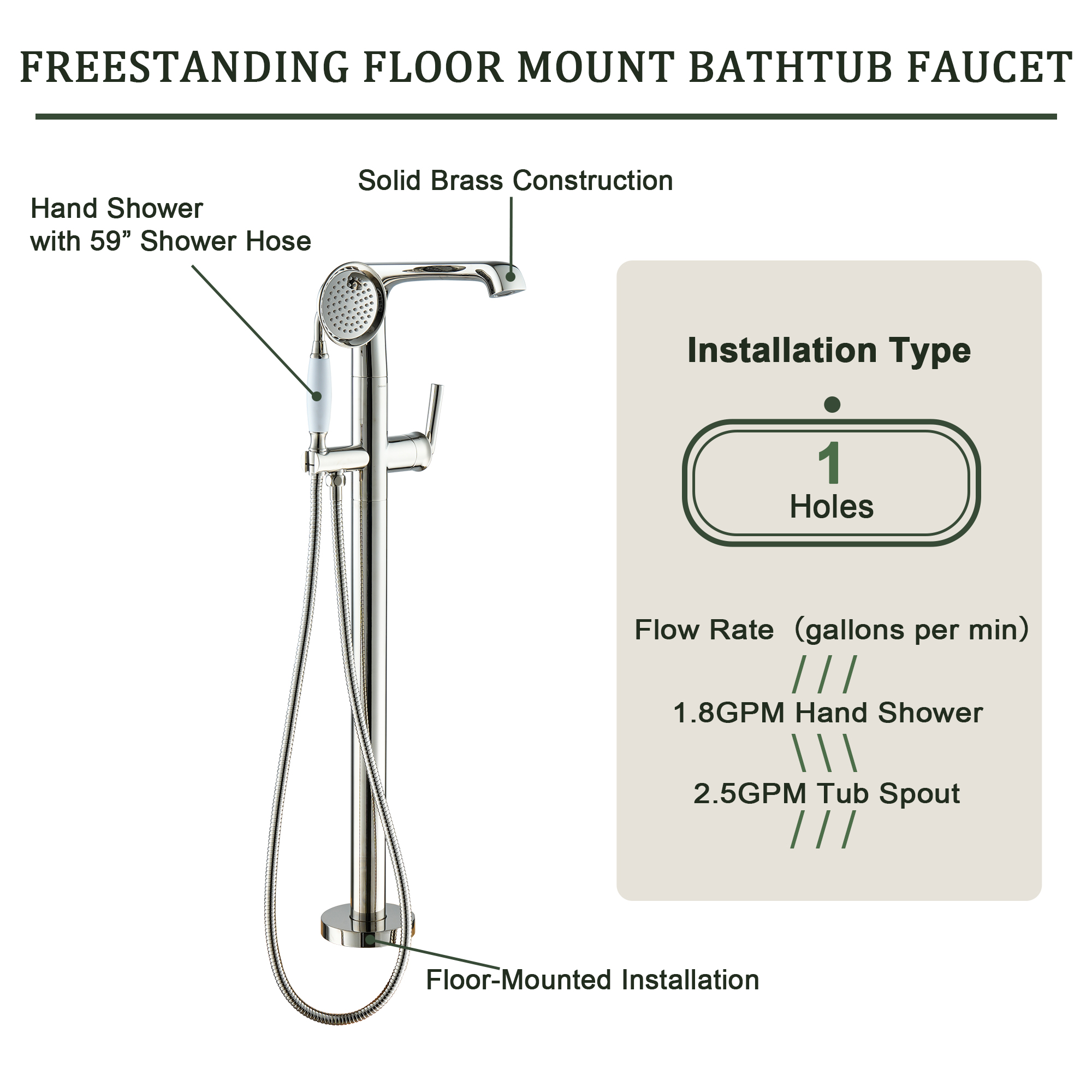 Polished Nickel Freestanding Floor Mount Bathtub Faucet with Hand Shower - HEXAGON