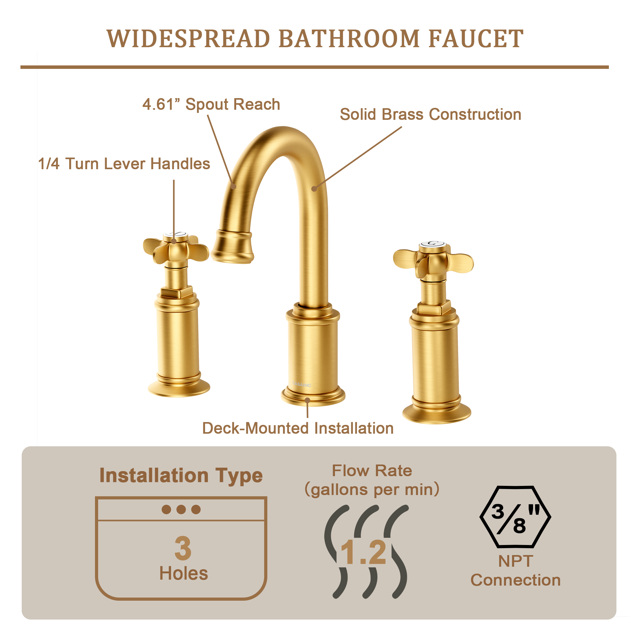 Cross Handles Brushed Gold Widespread Bathroom Faucet - DANUBE