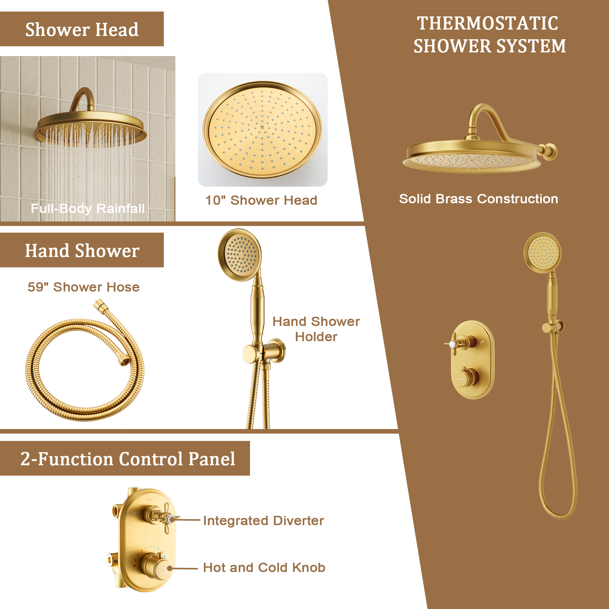 Brushed Gold Thermostatic Shower System with Handheld - DANUBE