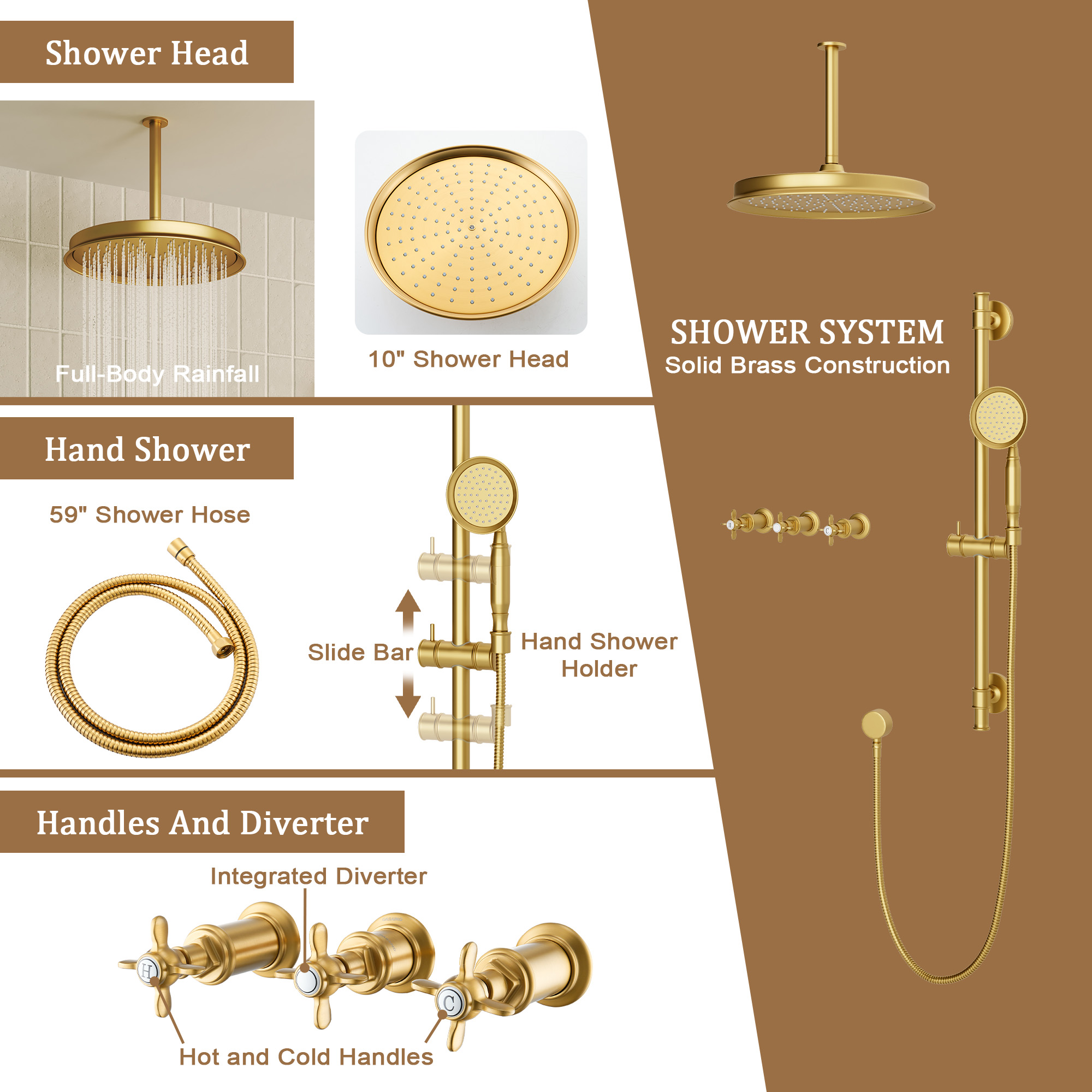 Brushed Gold Manual Shower System with Classic Controls - DANUBE