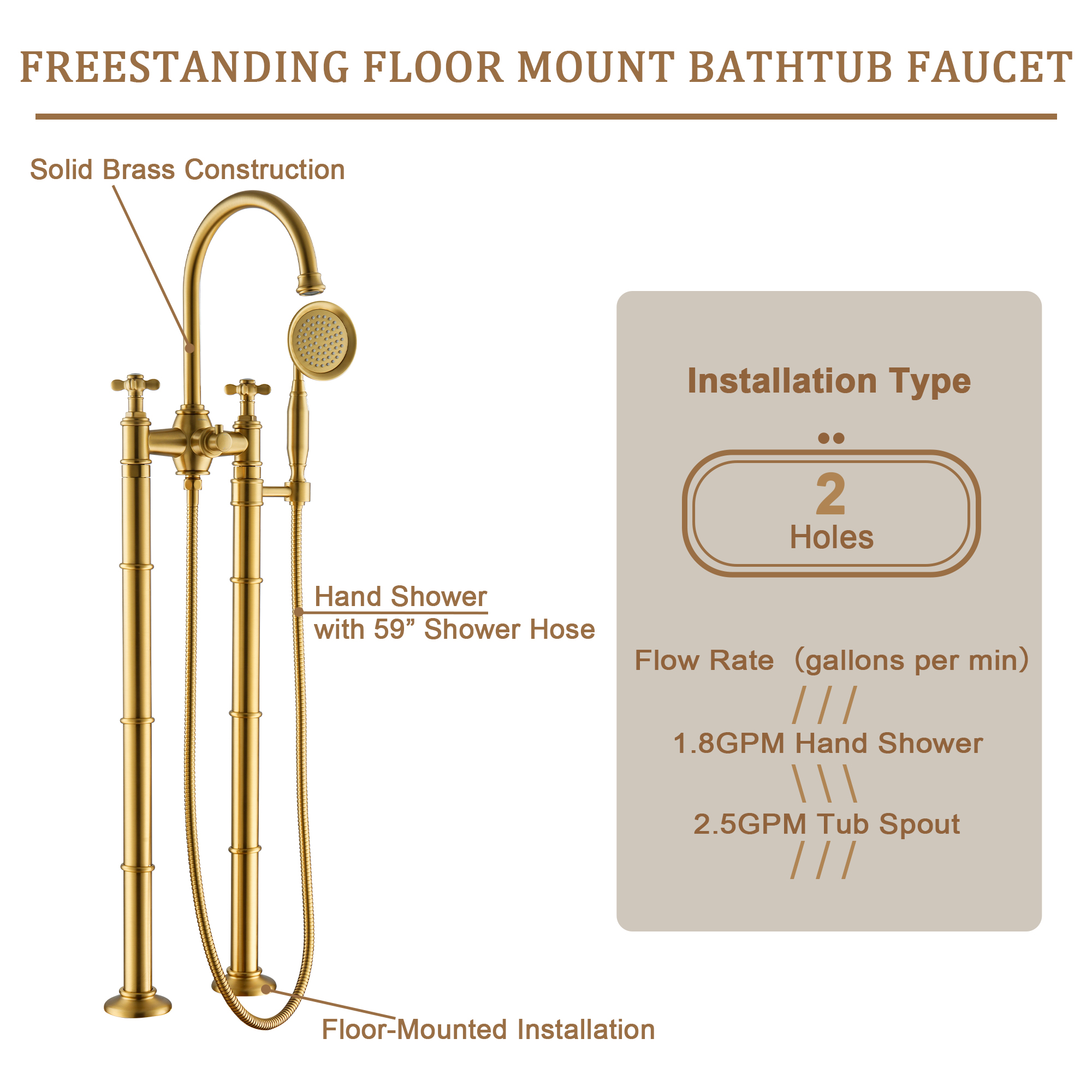 Brushed Gold Freestanding Bathtub Faucet with Hand Shower - DANUBE