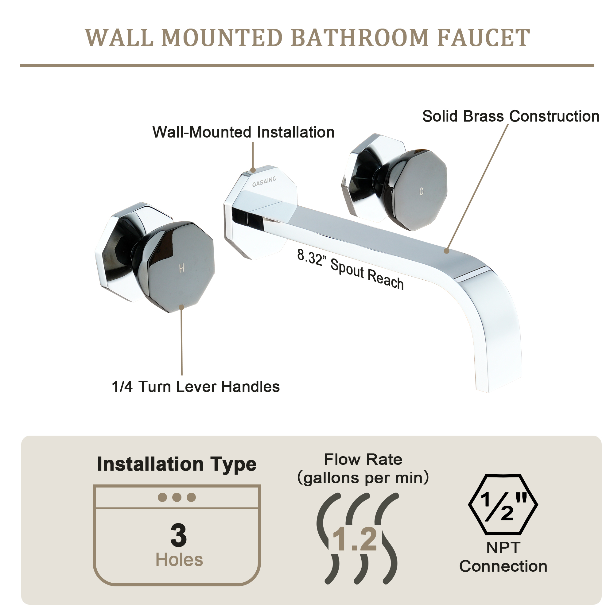 Chrome Wall-Mounted Bathroom Faucet with Black PVD Octagonal Handles - OCTAGON