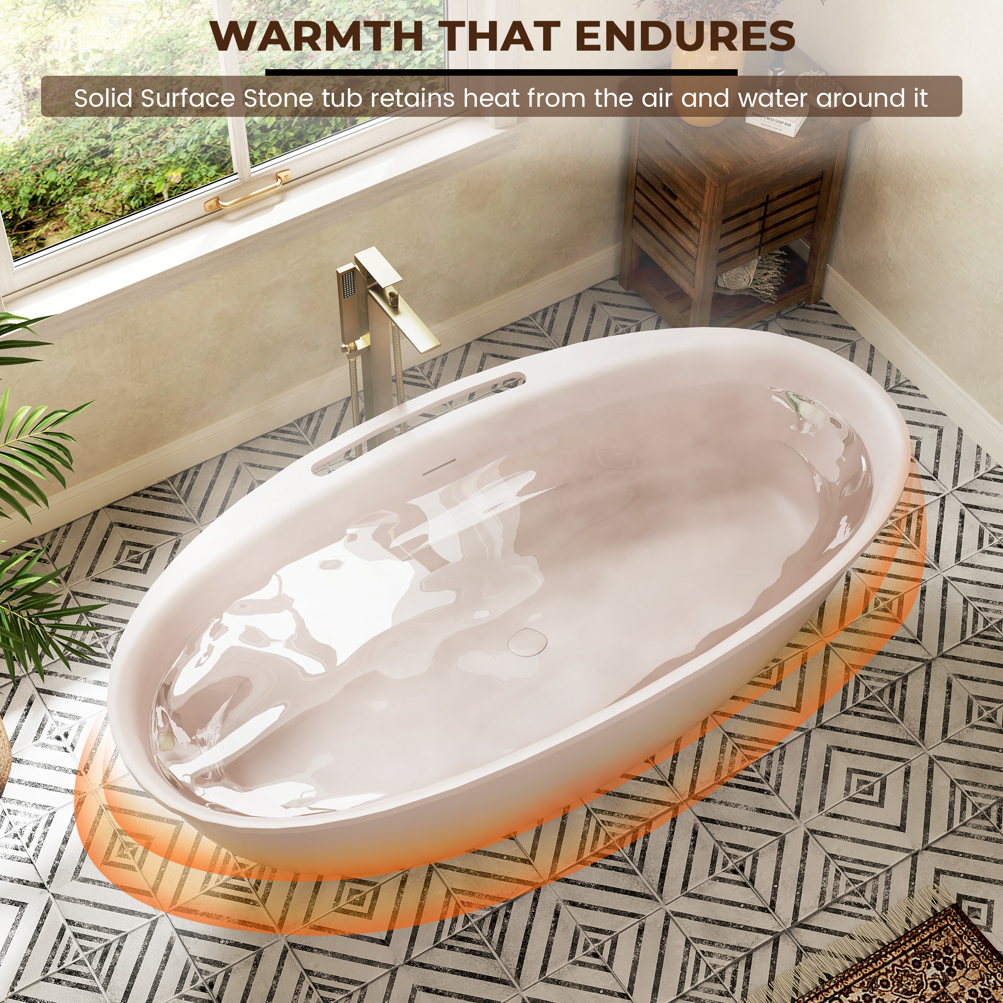 63"/67" Solid Surface Freestanding Matte Bathtub with Rim Towel Slot