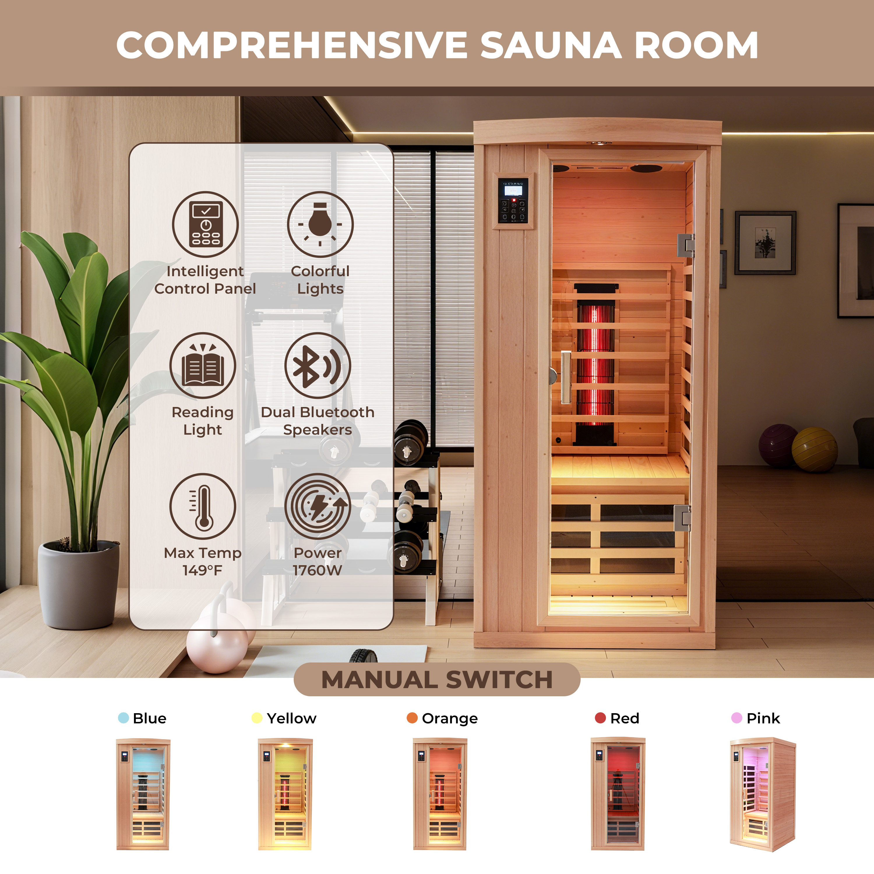 1-Person Low-EMF Hemlock Infrared Sauna with Bluetooth & Lights