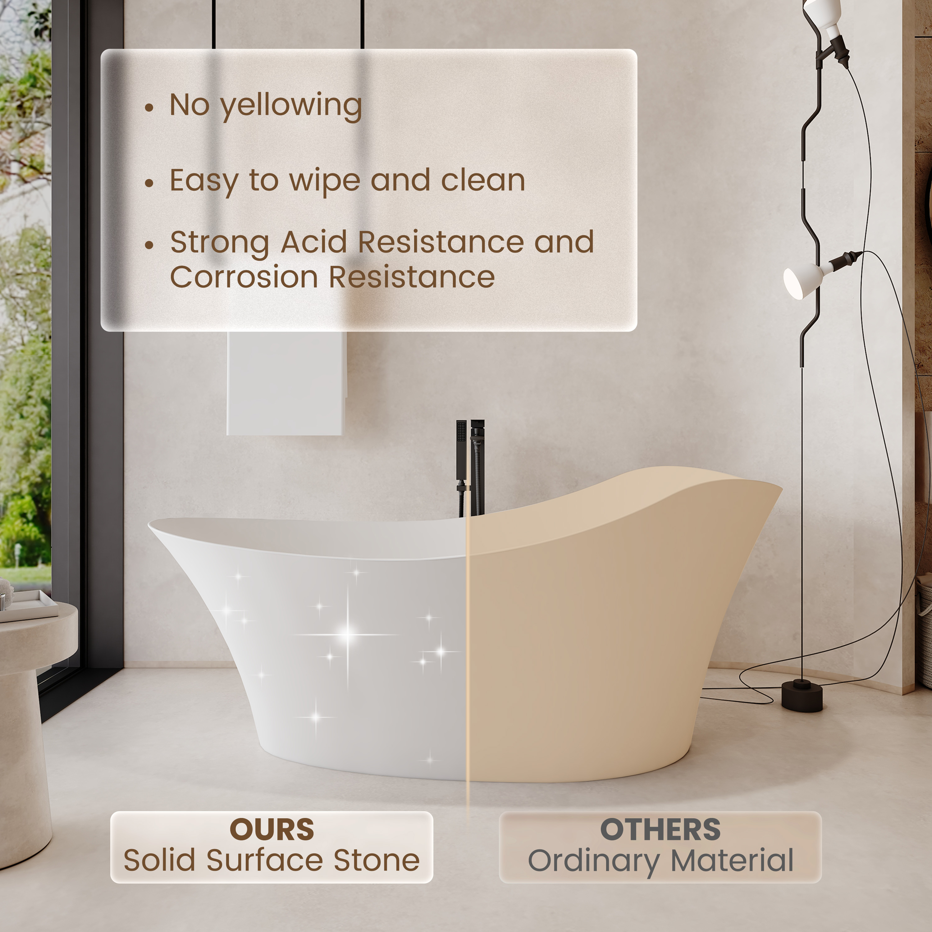 67" Solid Surface Freestanding Soaking Bathtub with Elegant Curved Design - Crestone