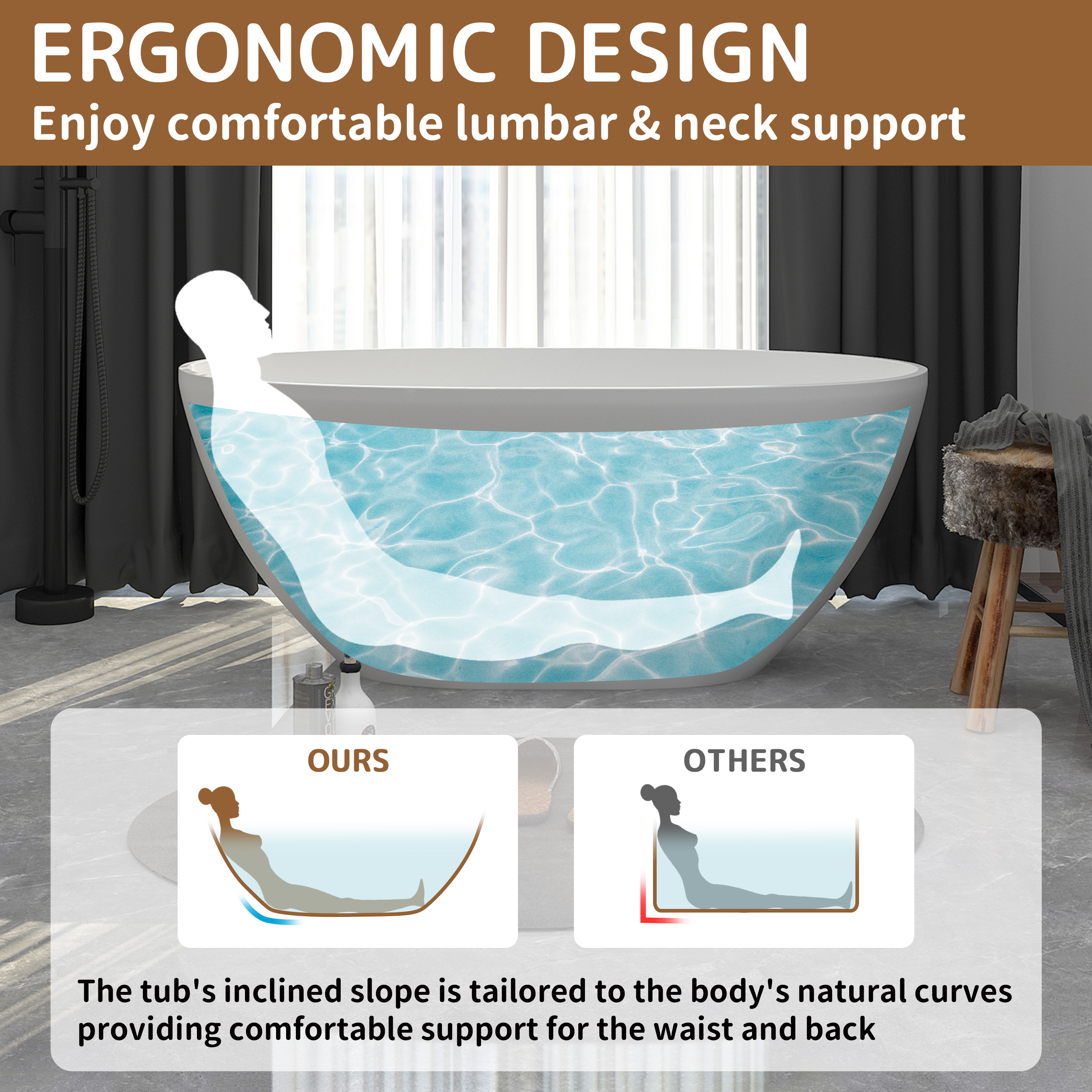 55"/61"/65"/71" Solid Surface Matte White Freestanding Soaking Bathtub - Monaco