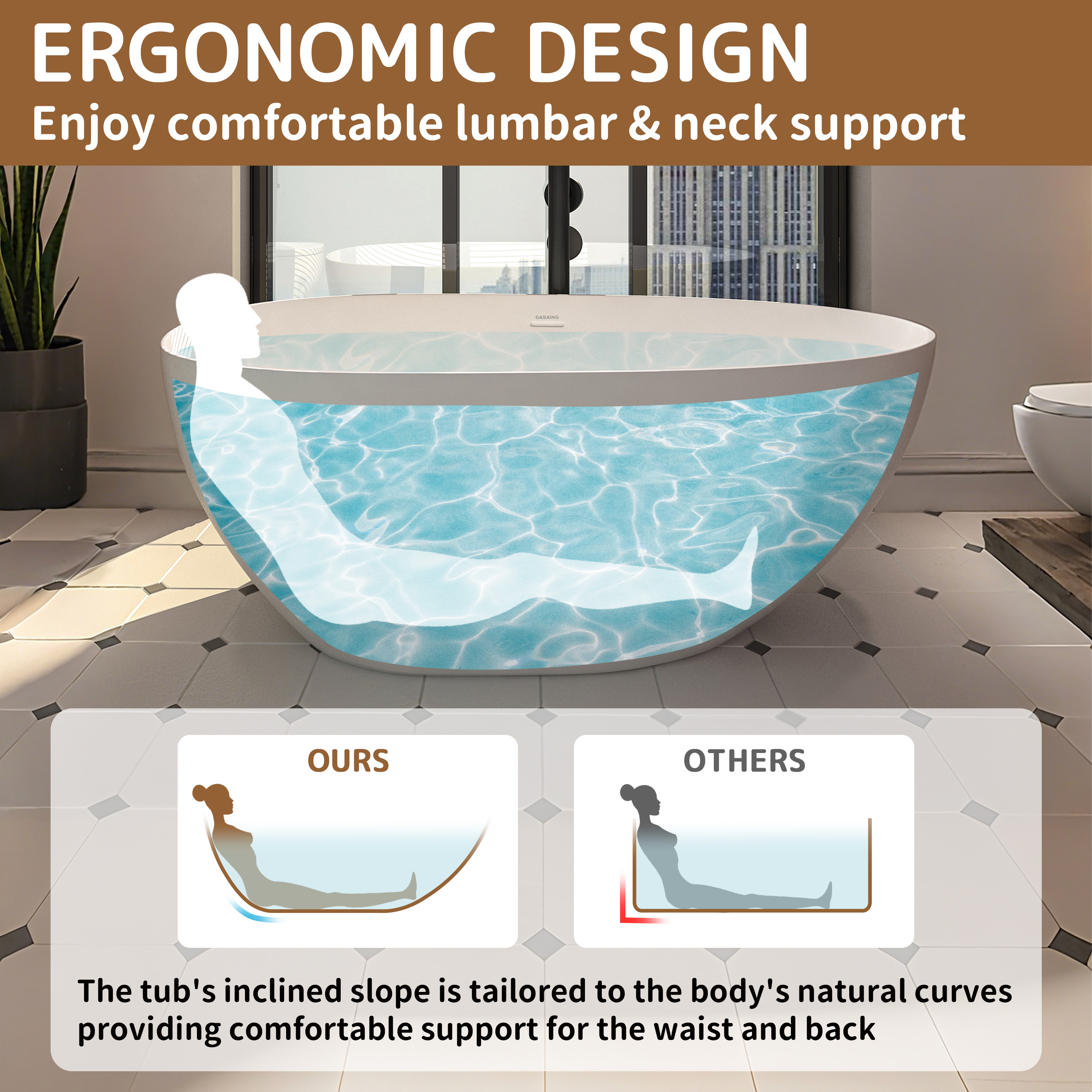 59/63/67/71" Matte White Egg Shell Stone Resin Freestanding Tub with Overflow and Drain - Egg Harbor