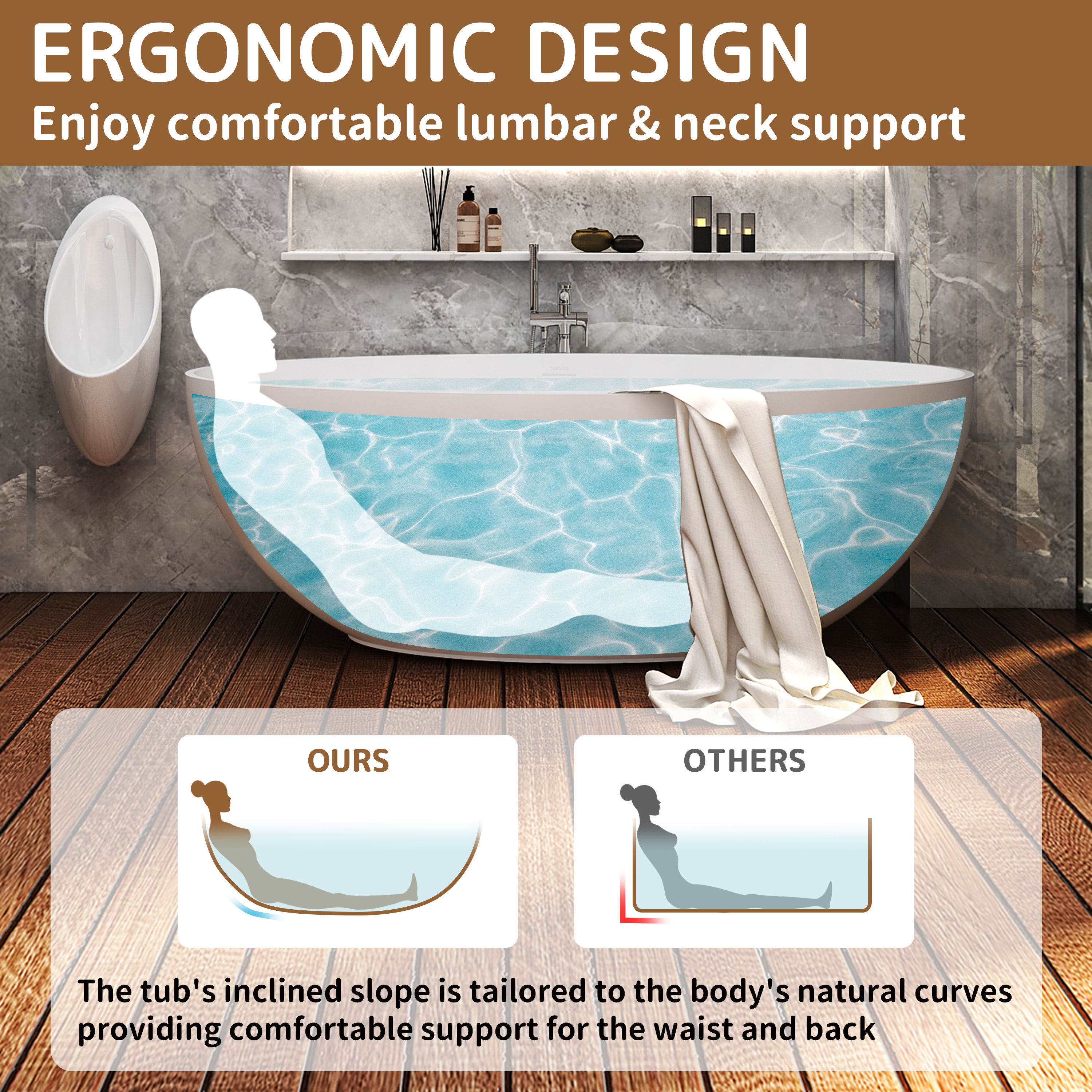 55"/61"/65"/71" Solid Surface Matte White Freestanding Soaking Bathtub - Monaco