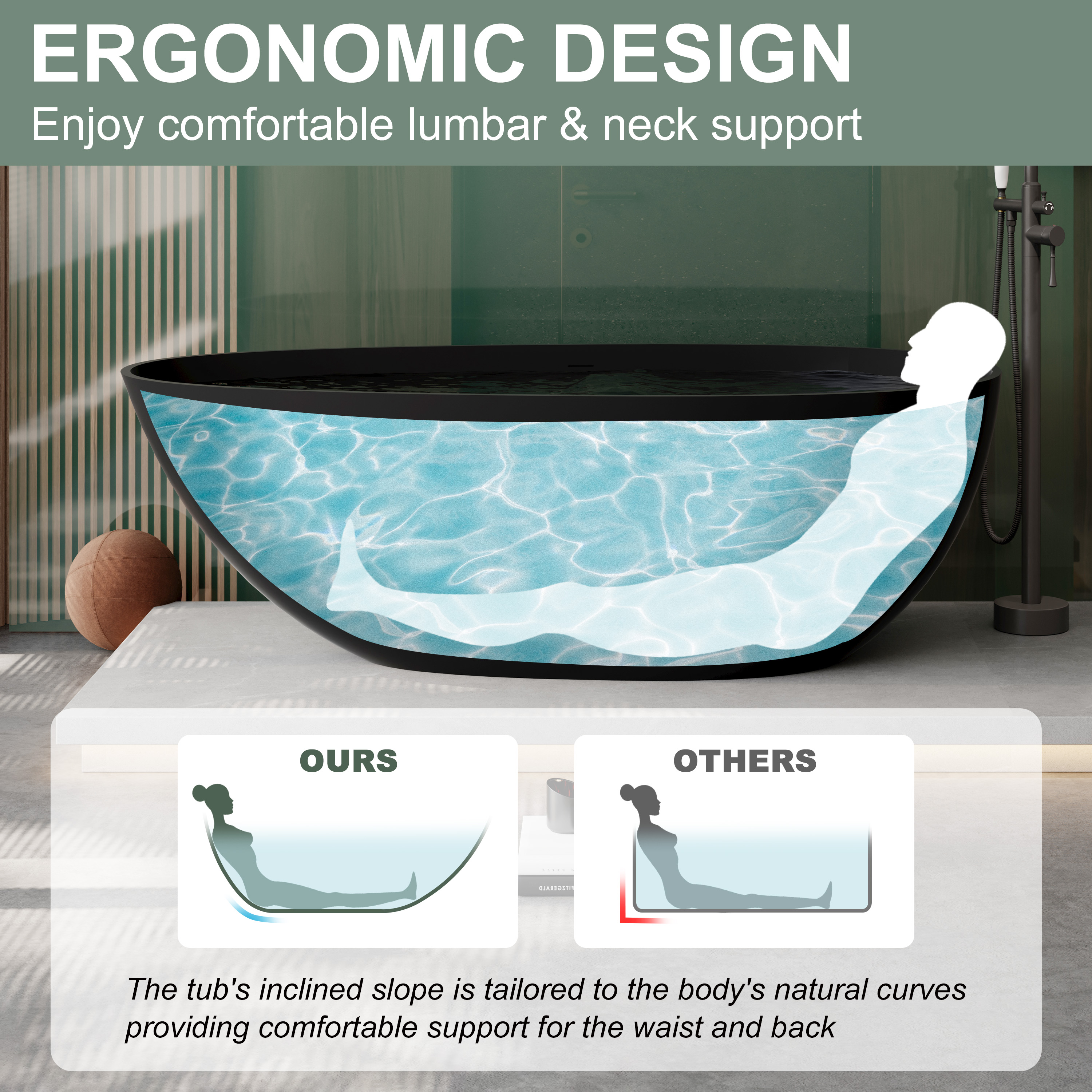 67" Egg Shell Shaped Stone Resin Matte Tub with Overflow and Center Drain, Matte Black Grey - Egg Harbor