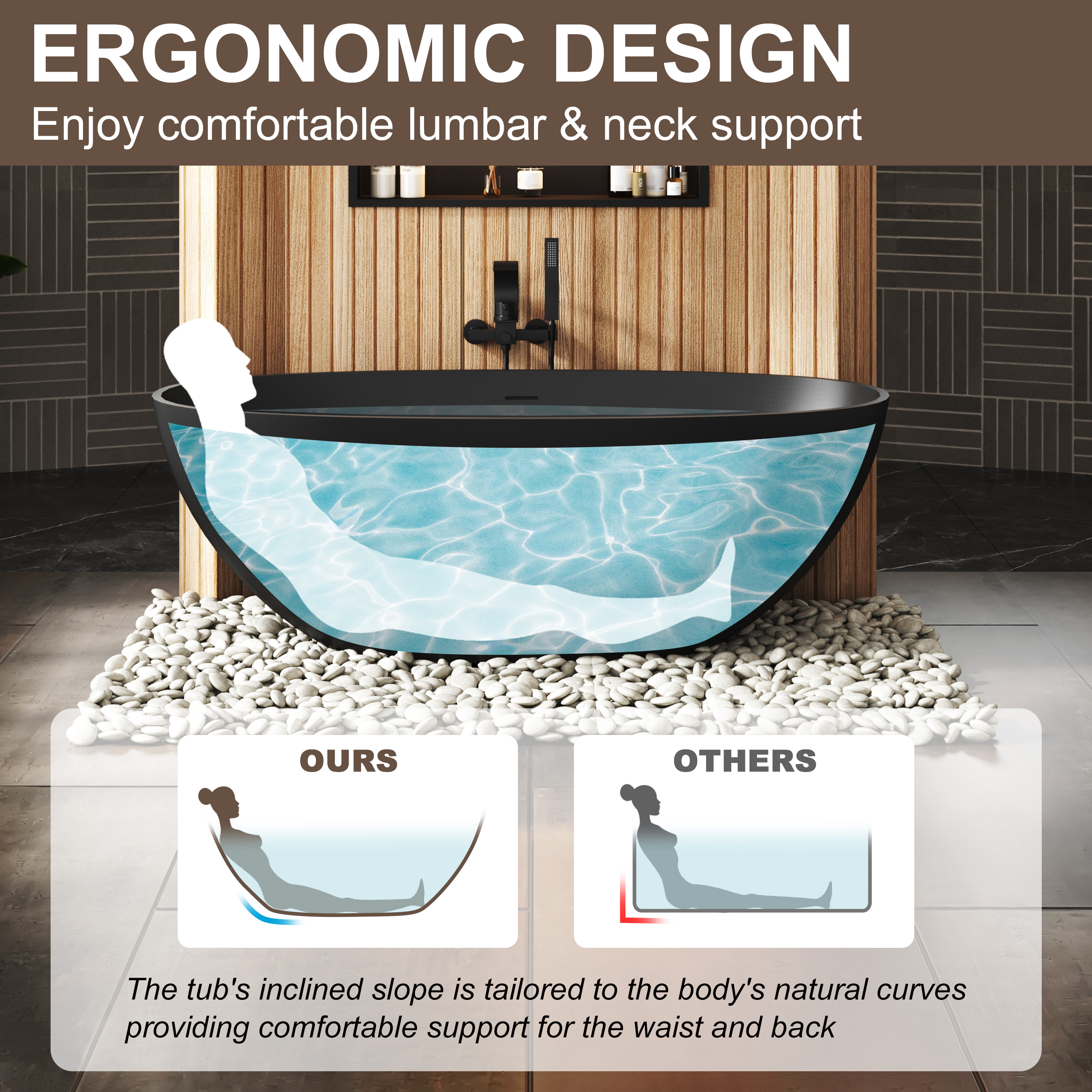 65" Luxurious Solid Surface Oval Freestanding Soaking Bathtub Matte Black, Matte Grey - Monaco