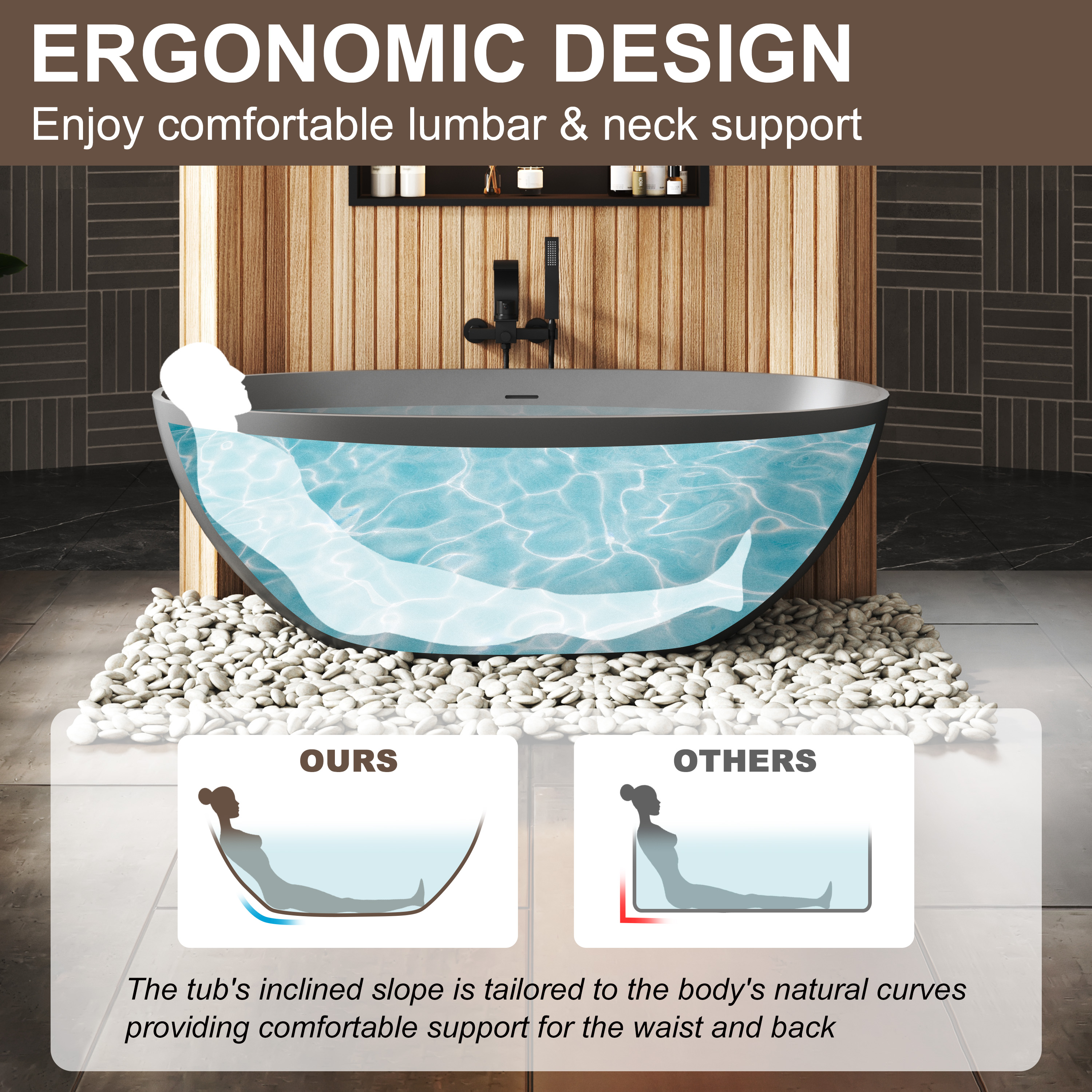 65" Luxurious Solid Surface Oval Freestanding Soaking Bathtub Matte Black, Matte Grey - Monaco