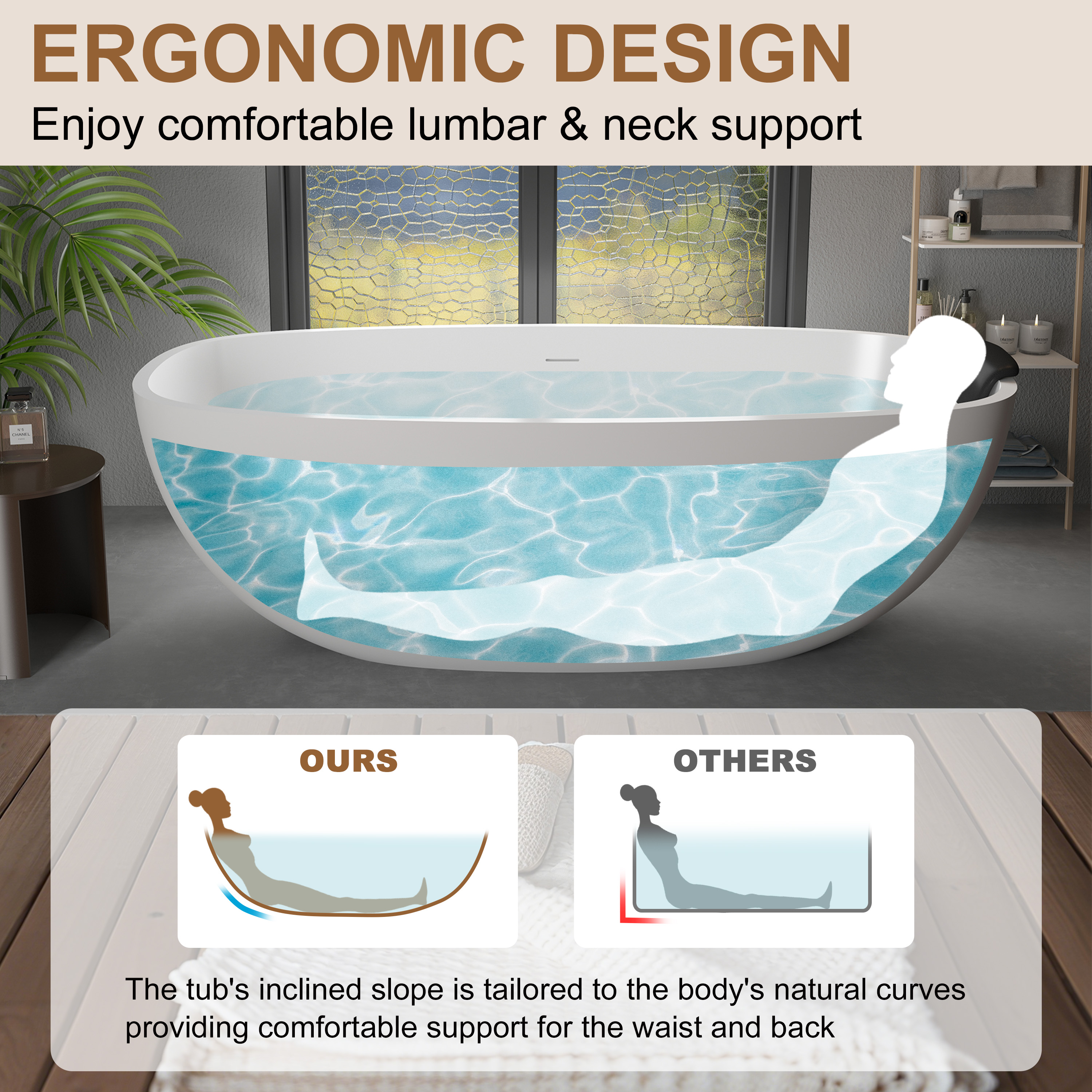 71" Matte White Stone Resin Adult Freestanding Soaking Tub with Cushions, cUPC and CE Certified - Monaco