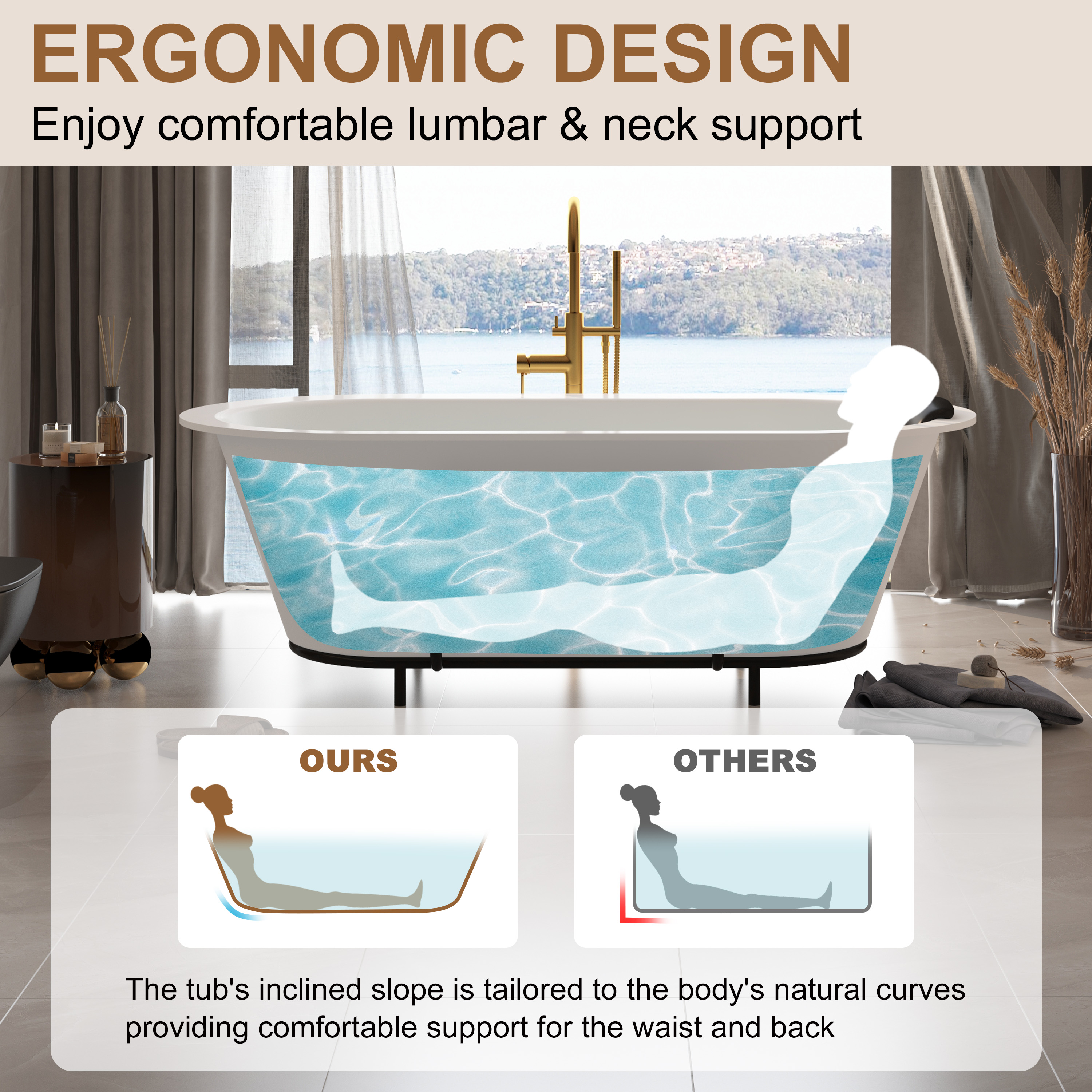 67/71" Stone Resin Adult Freestanding Soaking Tub with Cushions and Bottom Shelf - Hudson