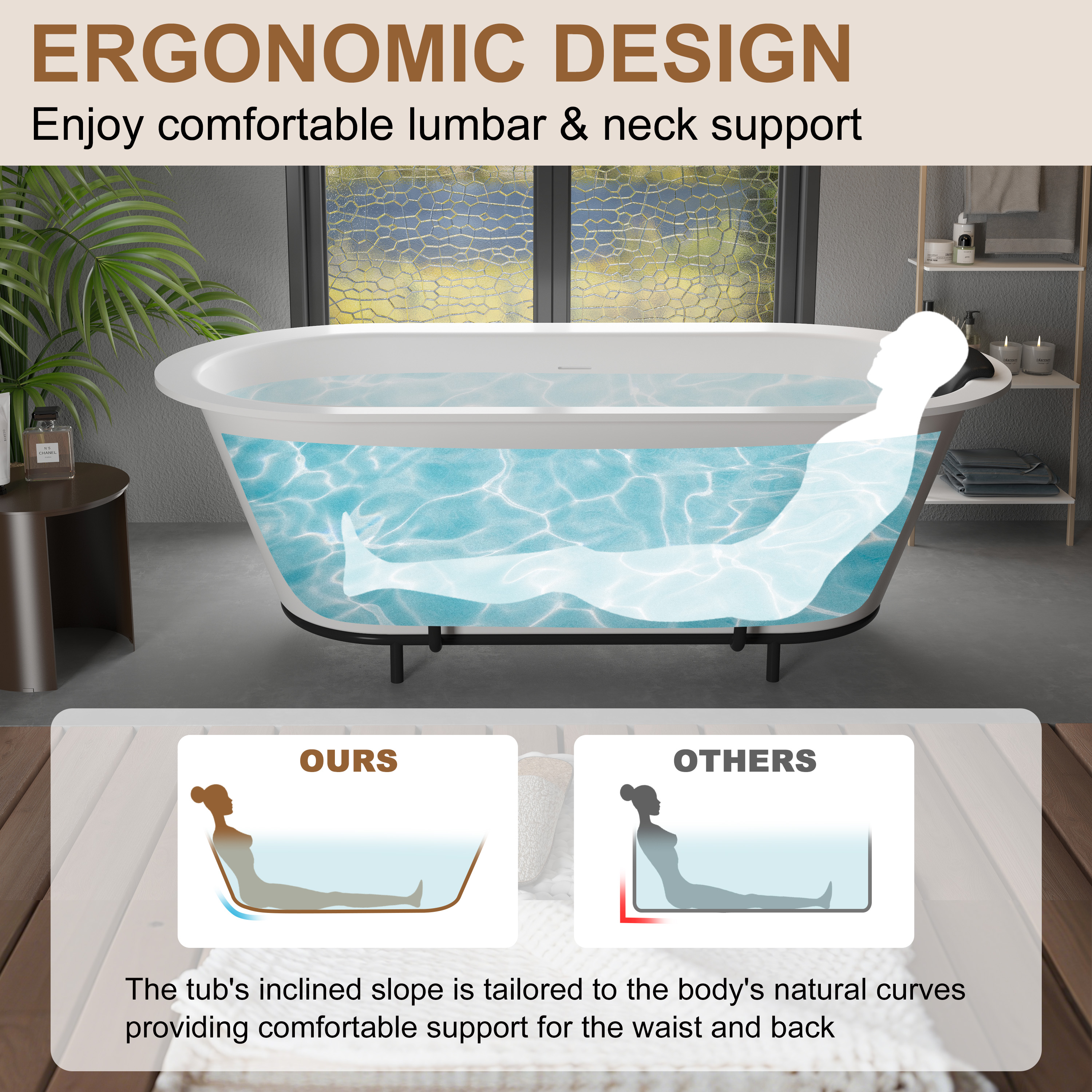 67/71" Stone Resin Adult Freestanding Soaking Tub with Cushions and Bottom Shelf - Hudson