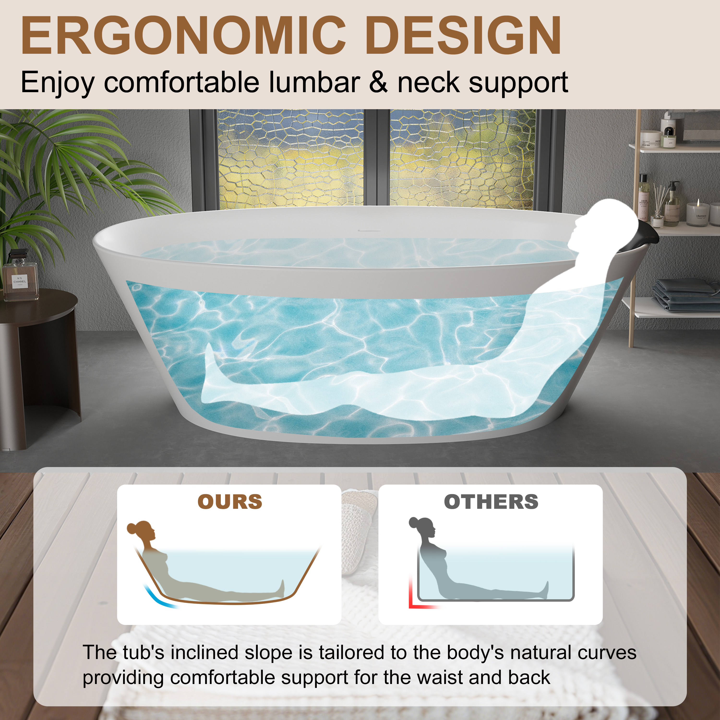 67" Matte White Stone Resin Adult Freestanding Soaking Tub with Cushions - Monaco