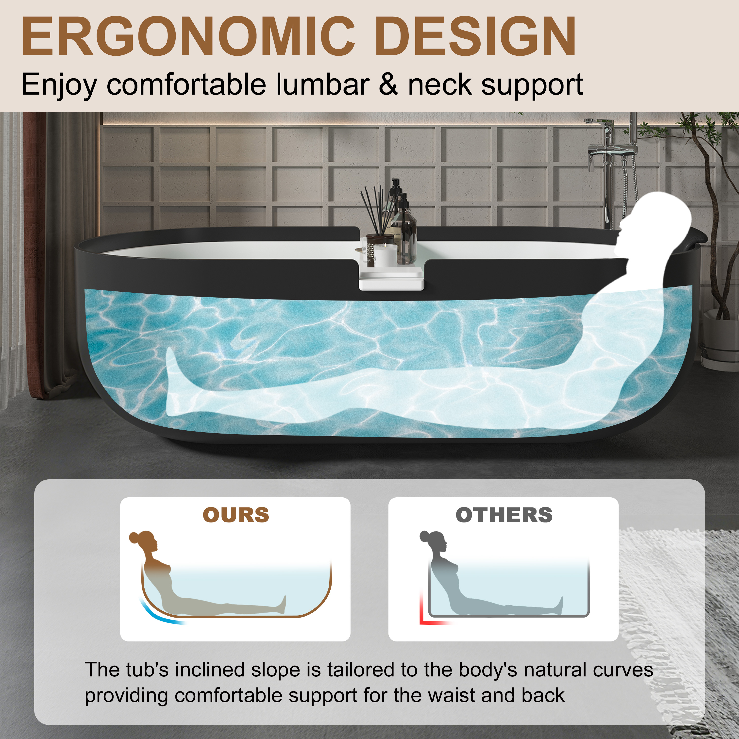 67/71" Black Outside and White Inside Solid Surface Adult Freestanding Tub with Resin Stone Shelf - Hudson