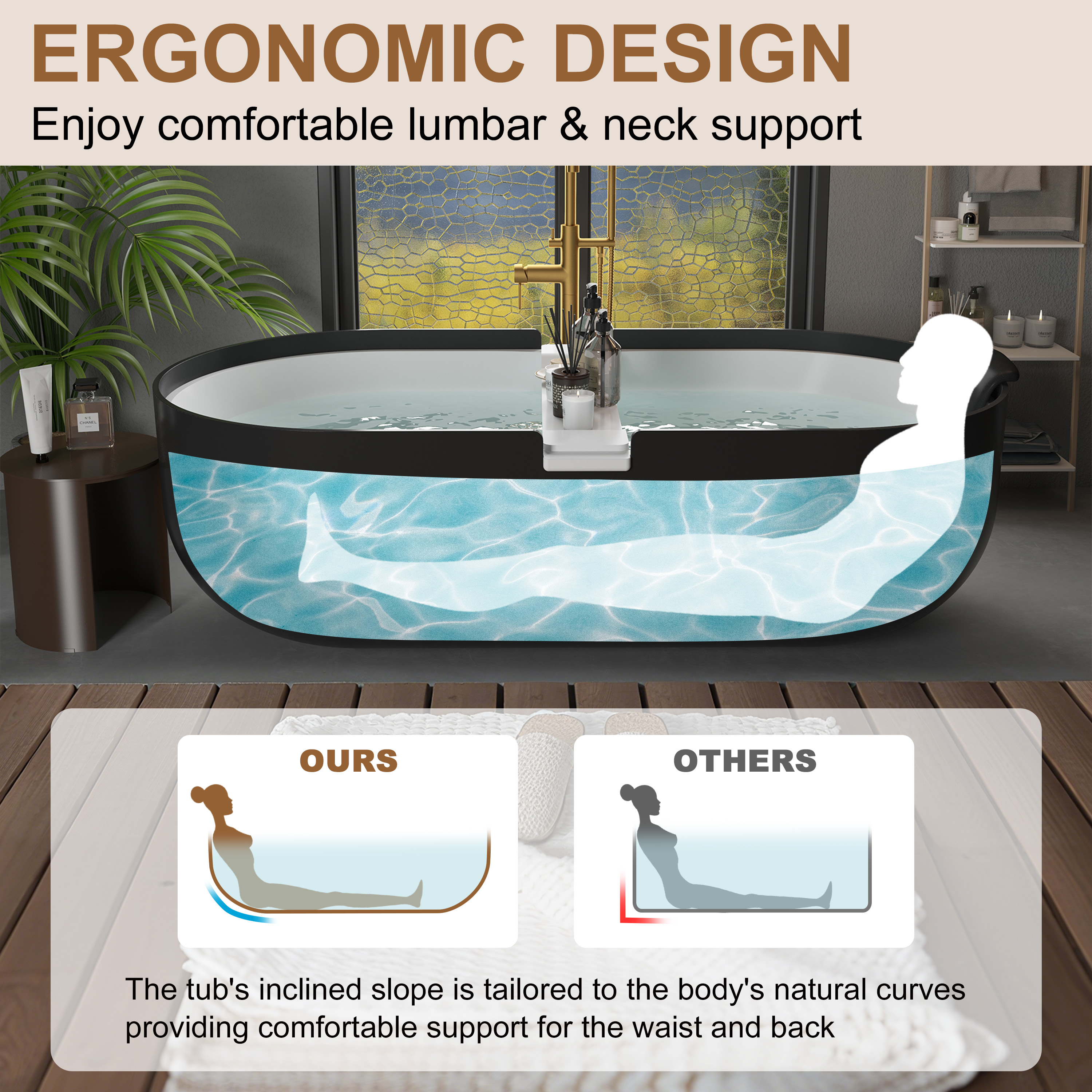 67/71" Black Outside and White Inside Solid Surface Adult Freestanding Tub with Resin Stone Shelf - Hudson