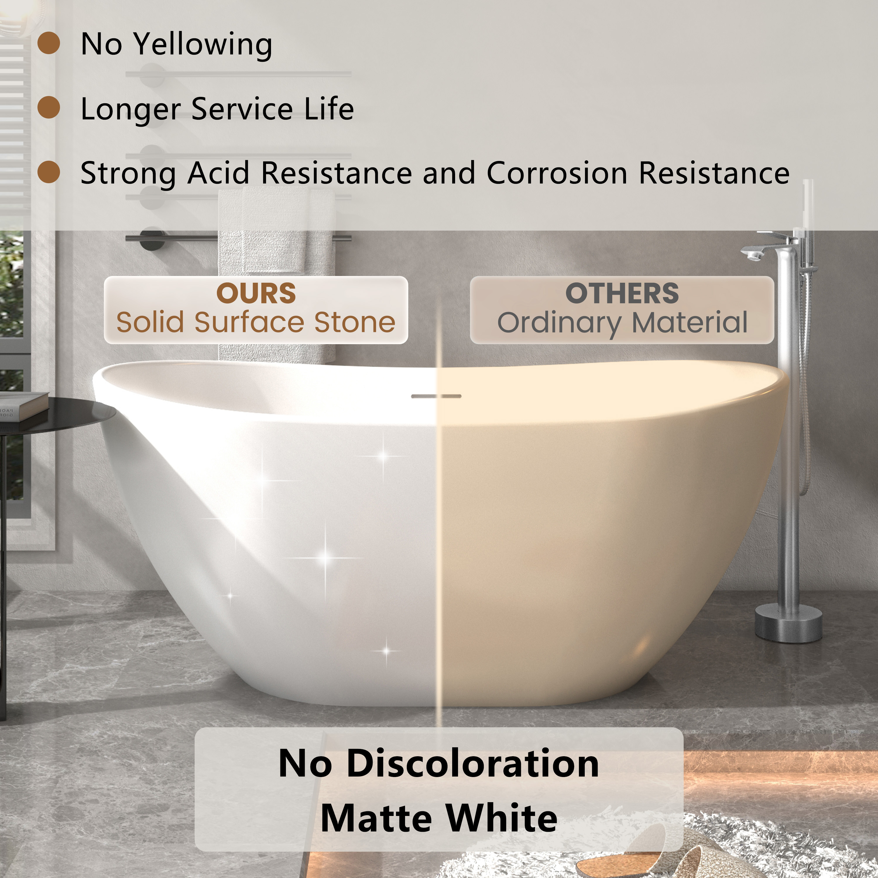 56"/65"/71" Matte White Solid Surface Stone Freestanding Tub with Classic Arc Shape - Crescent