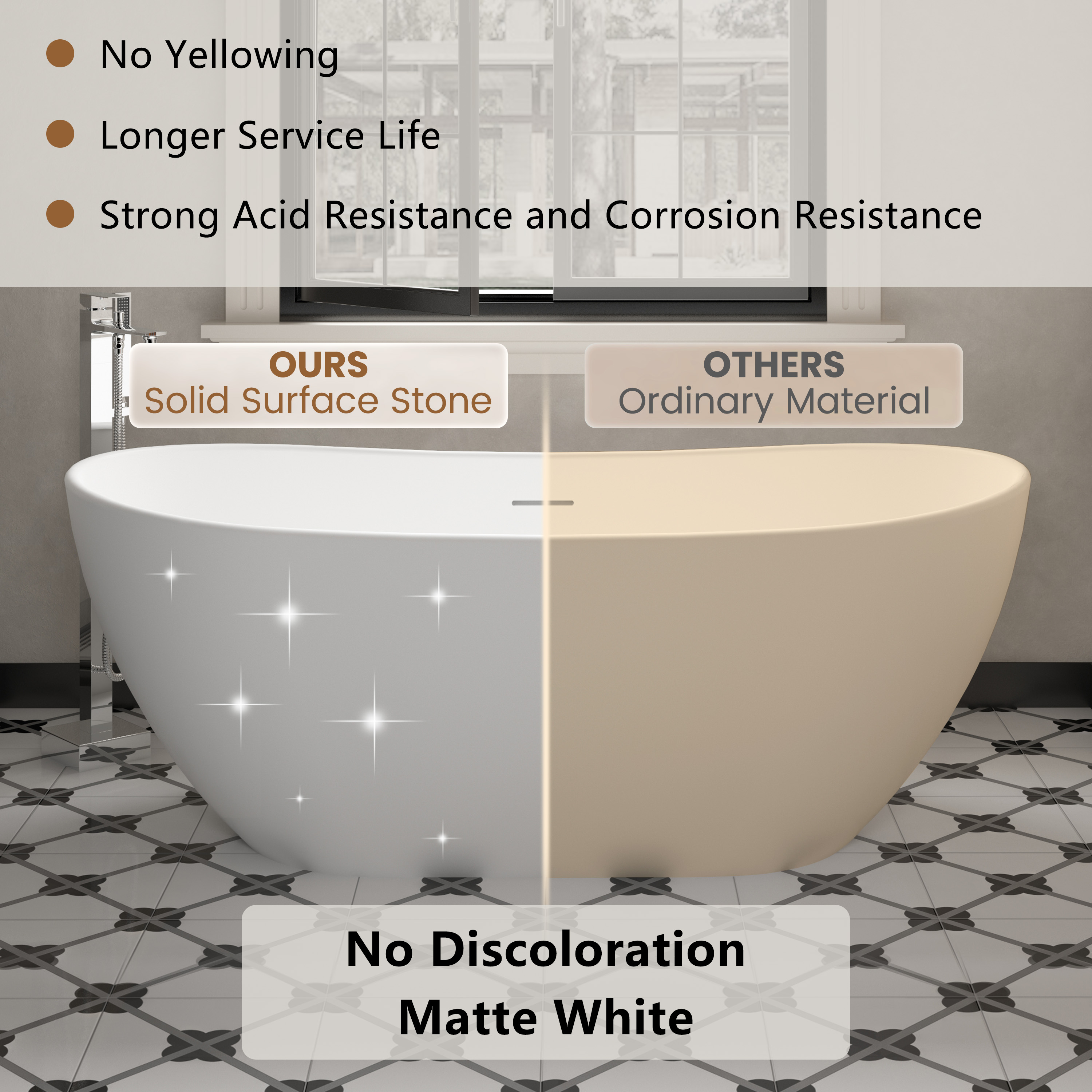 56"/65"/71" Matte White Solid Surface Stone Freestanding Tub with Classic Arc Shape - Crescent