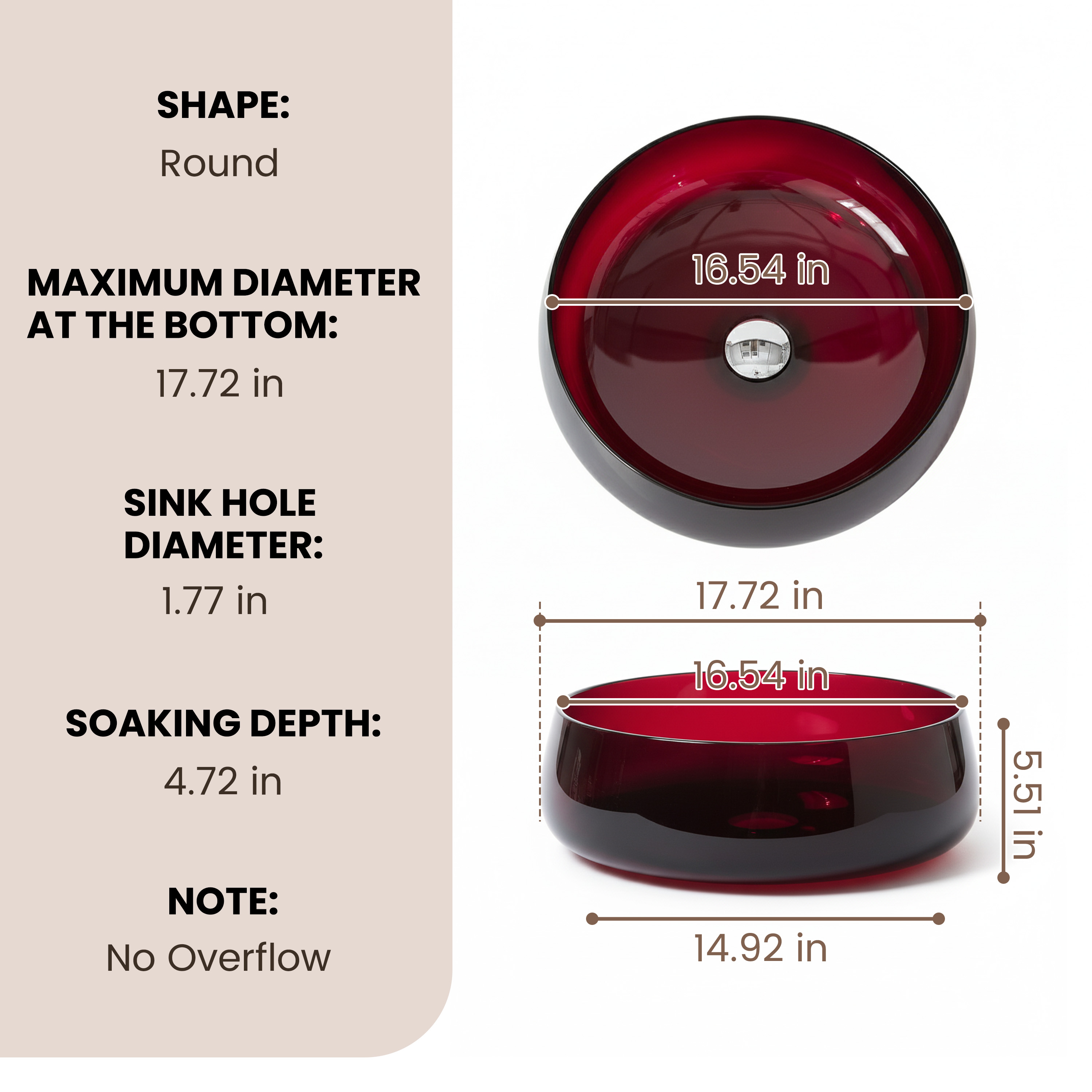 17.7" Round Transparent Resin Bathroom Vessel Sink with Drainer