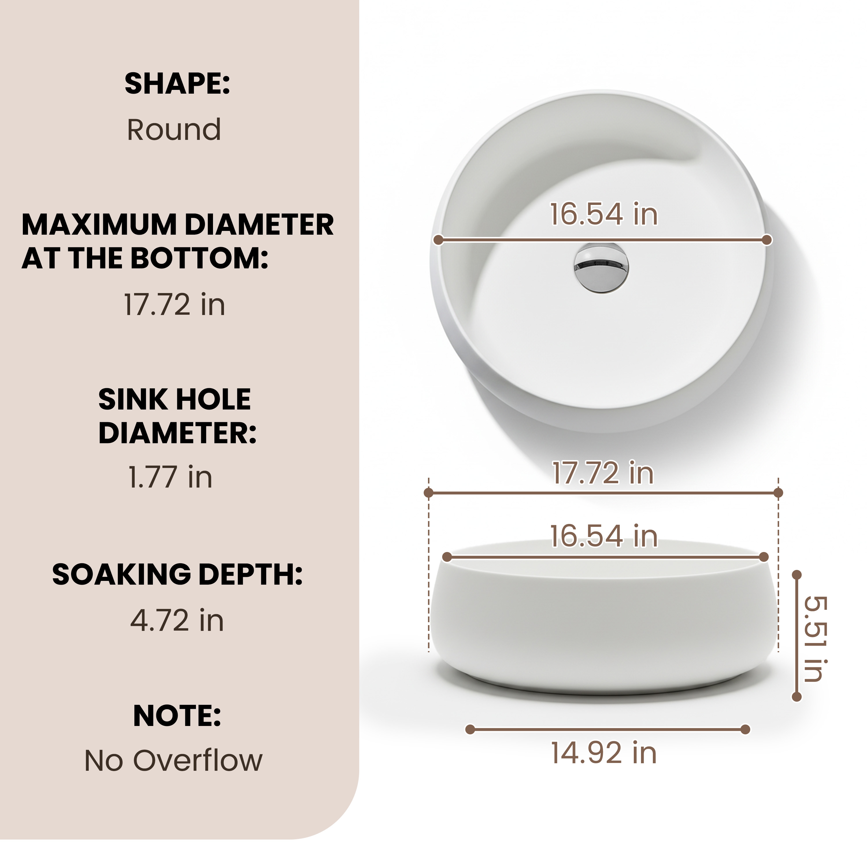 17.7" Round Solid Surface Bathroom Sink in Matte White