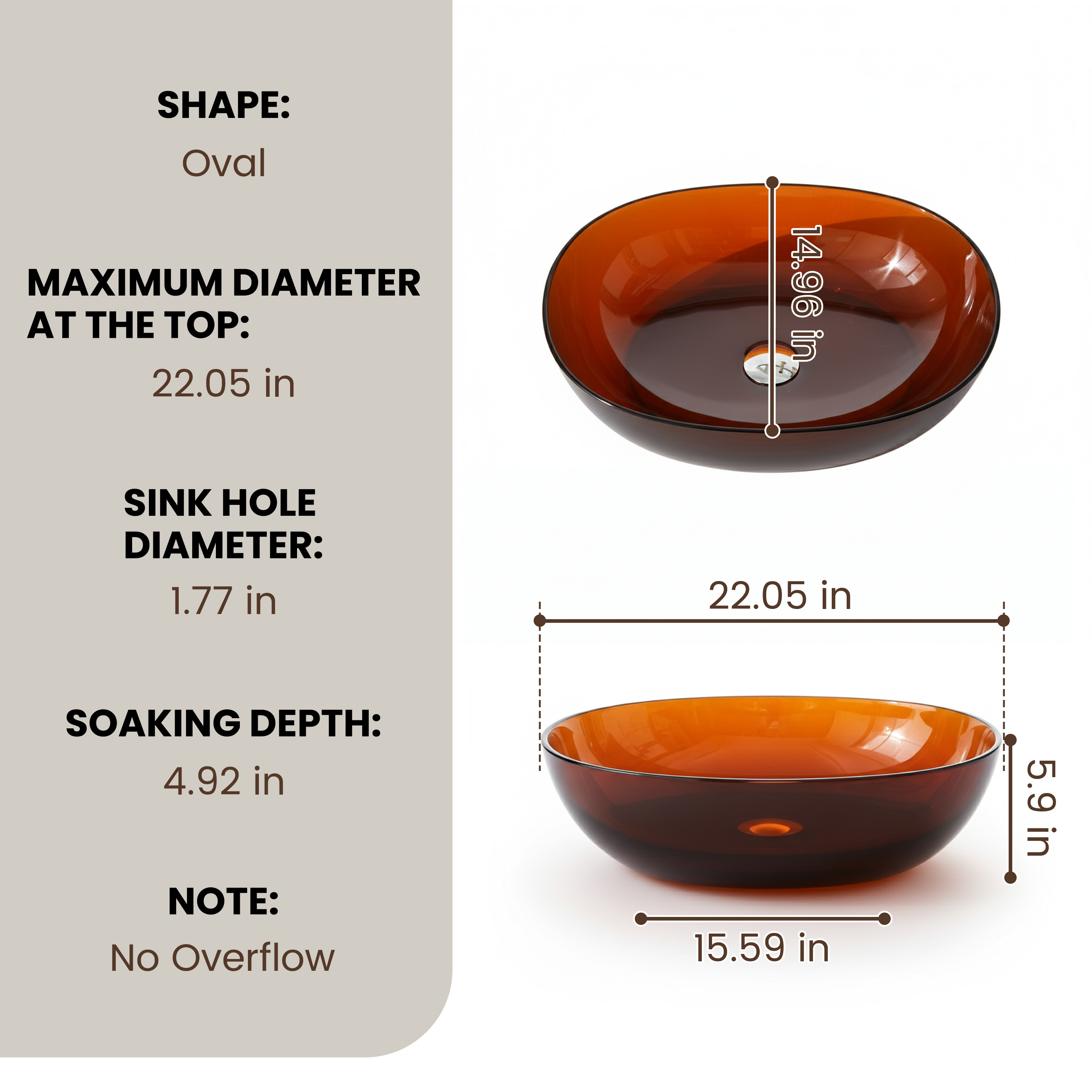 22" Oval Transparent Countertop Resin Bathroom Vessel Sink