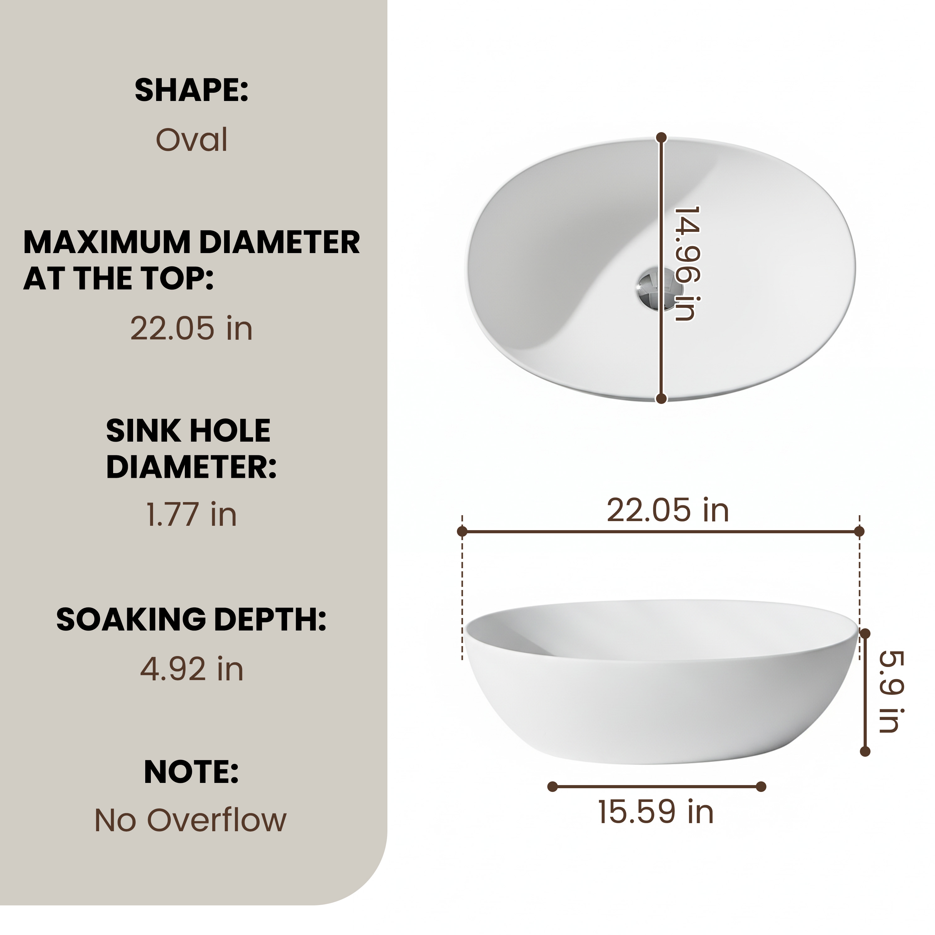 22" Oval Solid Surface Bathroom Vessel Sink in Matte White