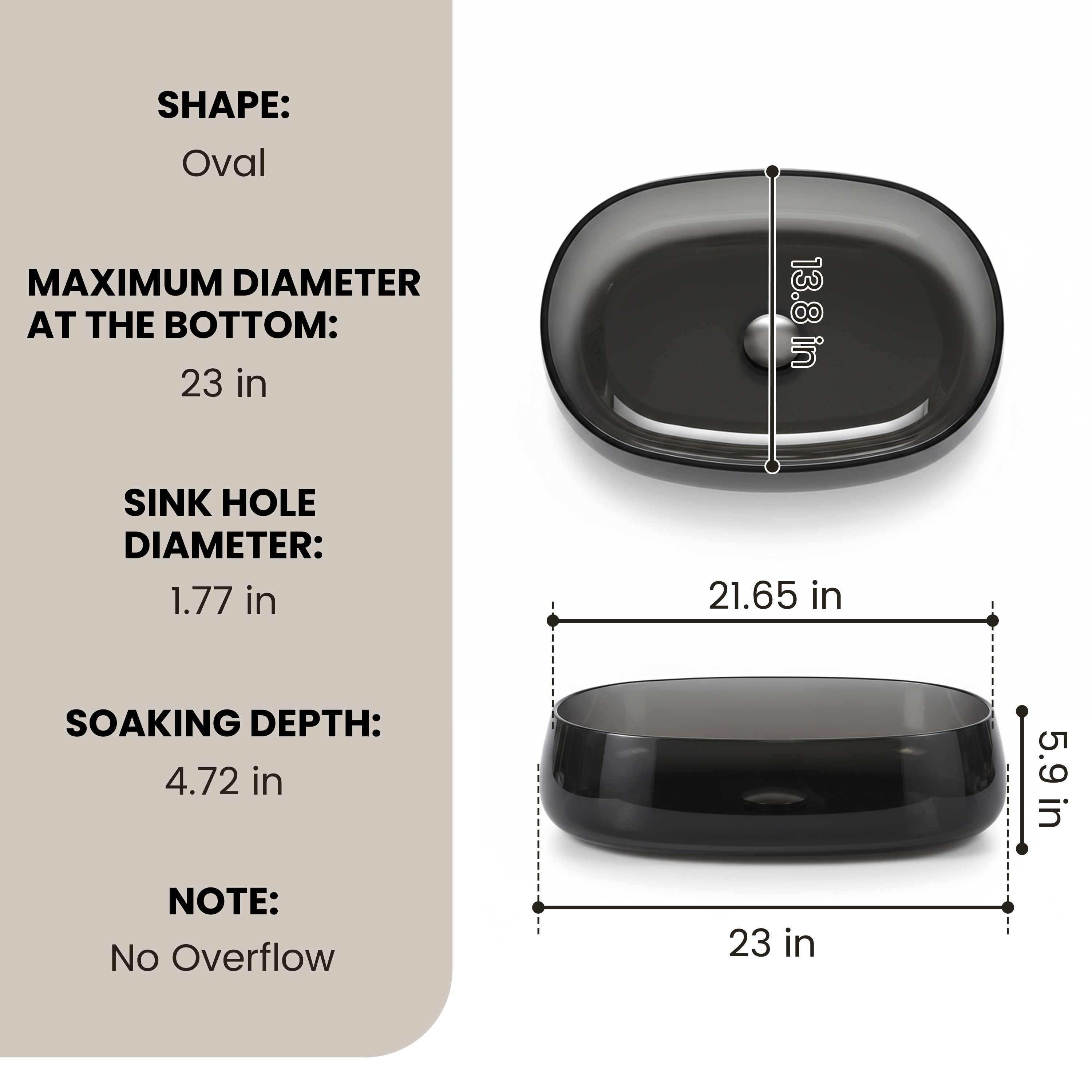 23" Oval Transparent Resin Bathroom Vessel Sink with Drainer