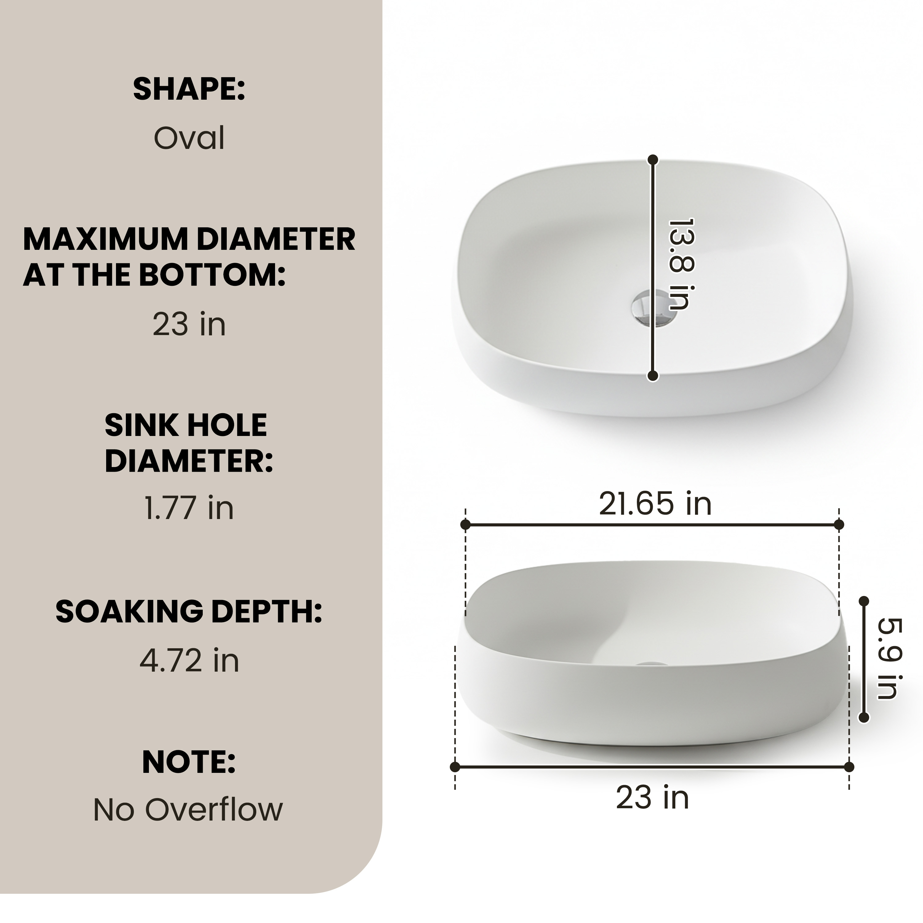 23" Oval Shape Solid Surface Bathroom Sink in Matte White