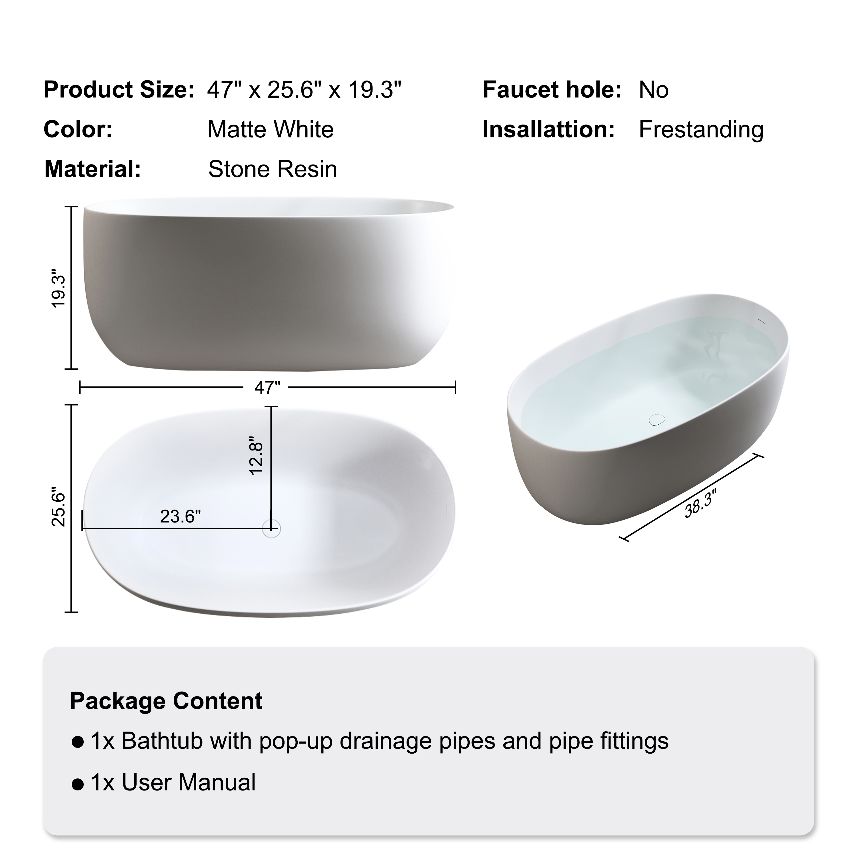 47"/51" Freestanding Stone Resin Soaking Bathtub with Heat Retention