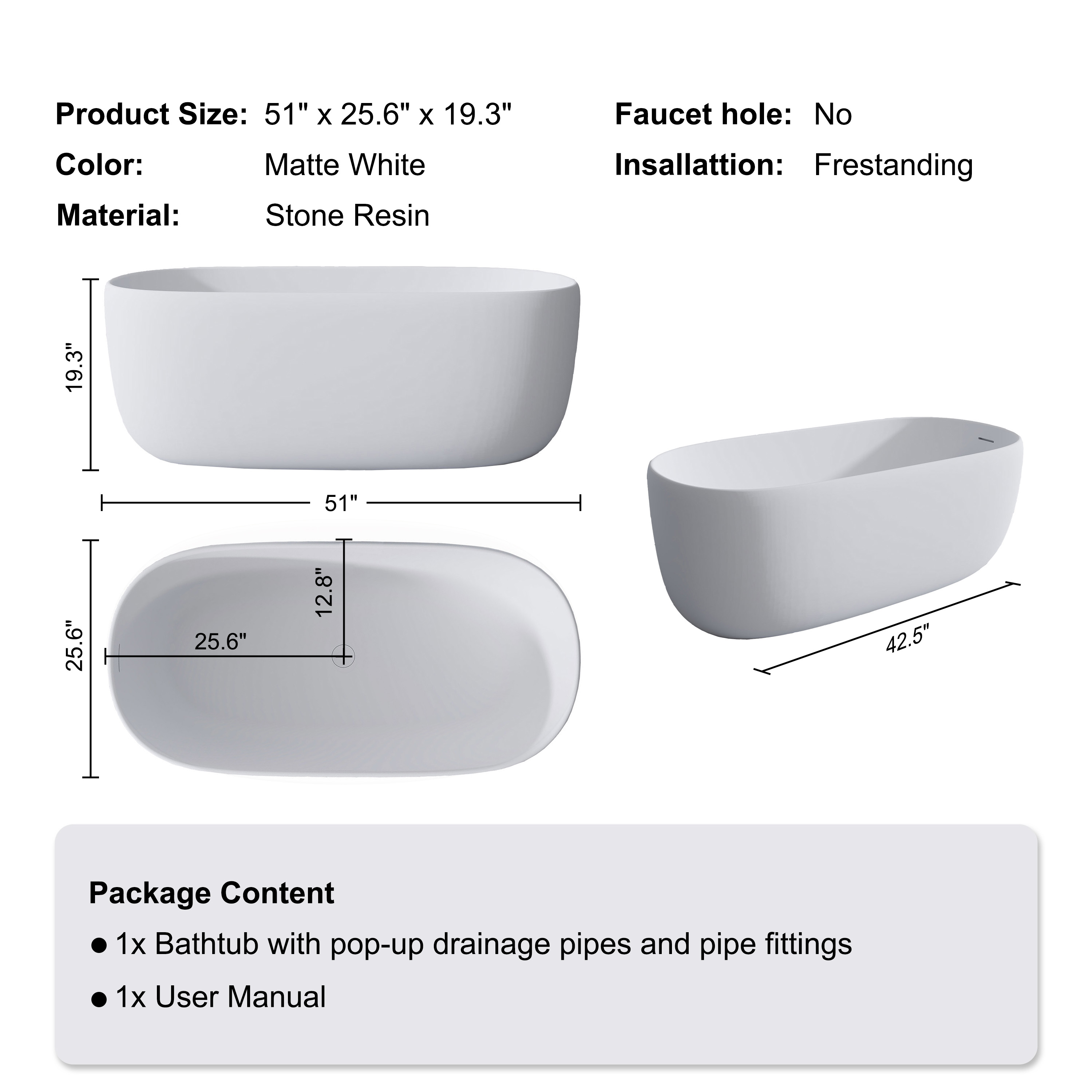 47"/51" Freestanding Stone Resin Soaking Bathtub with Heat Retention