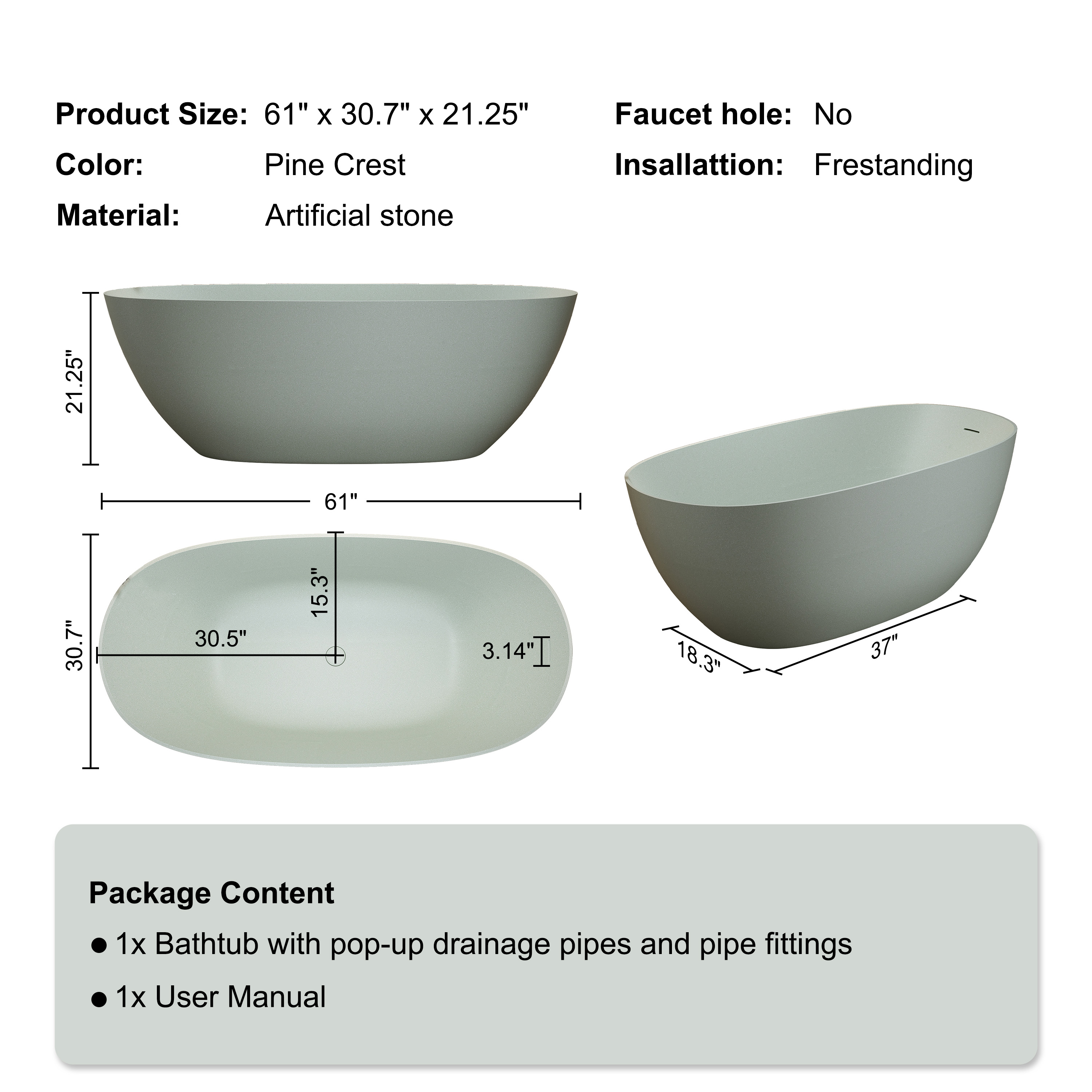57"/61"/65"/69" Minimalist Solid Surface Freestanding Bathtub in Pine Crest and Shadow Whisper