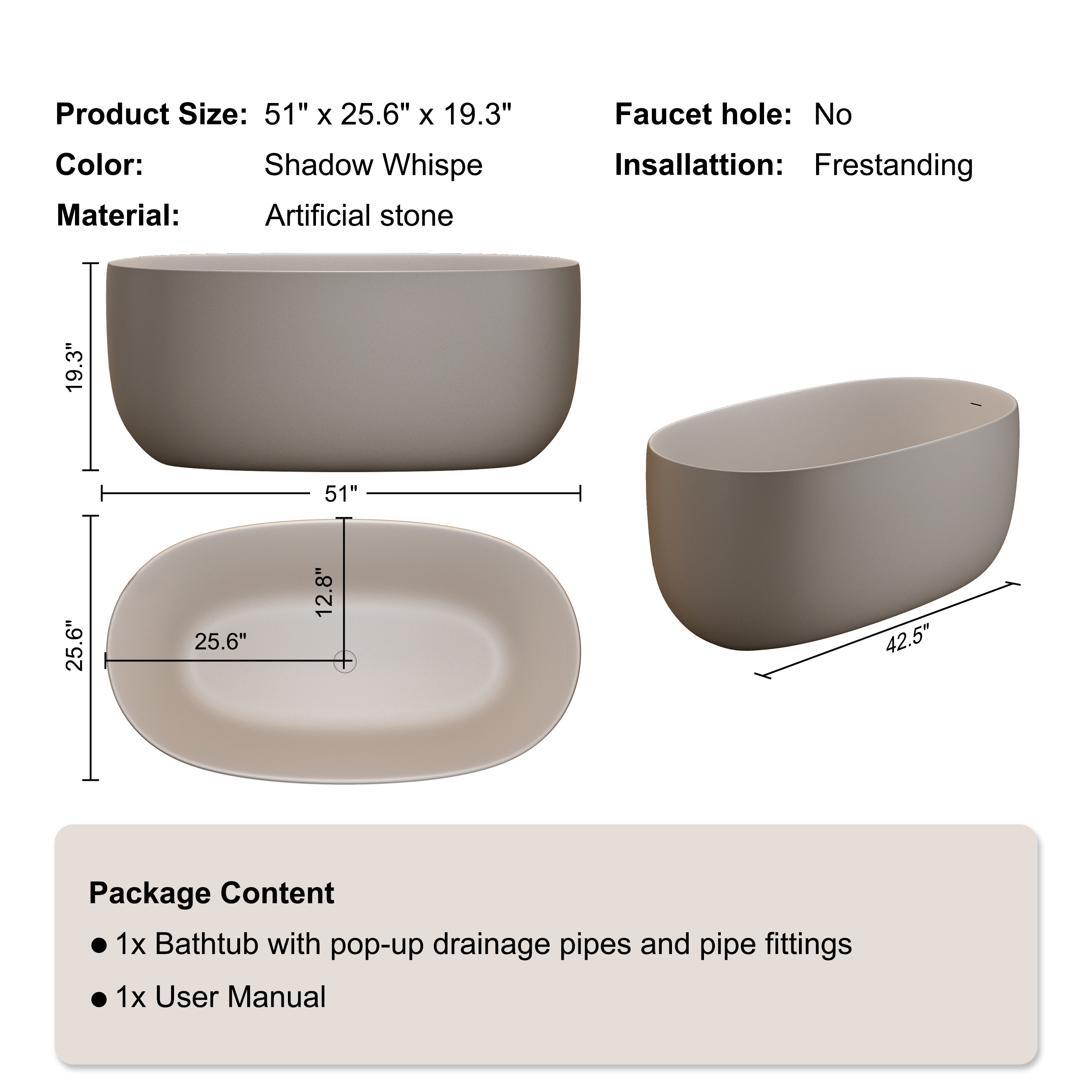 51" Freestanding Stone Resin Soaking Tub with Smooth Hand-Polished Surface, Pine Crest, Shadow Whisper