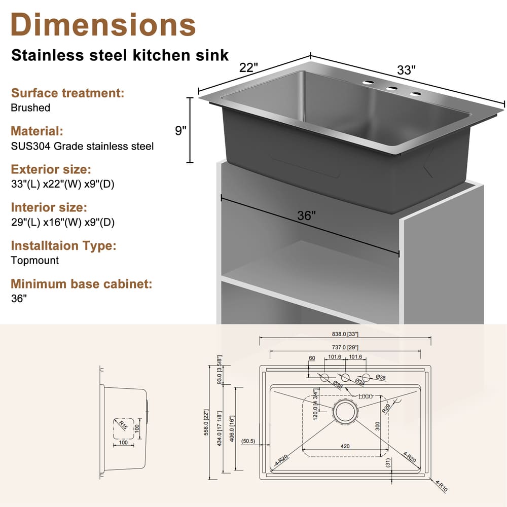 [Copy]33inch 3-Hole Single Bowl Stainless Steel Drop-in Workstation Kitchen Sink with Accessories