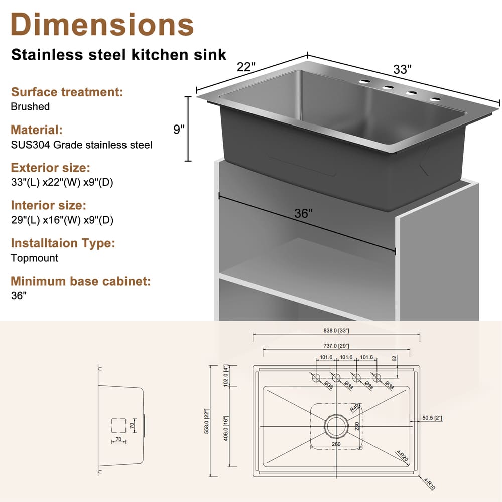 [Copy]33inch 3-Hole Single Bowl Stainless Steel Drop-in Workstation Kitchen Sink with Accessories