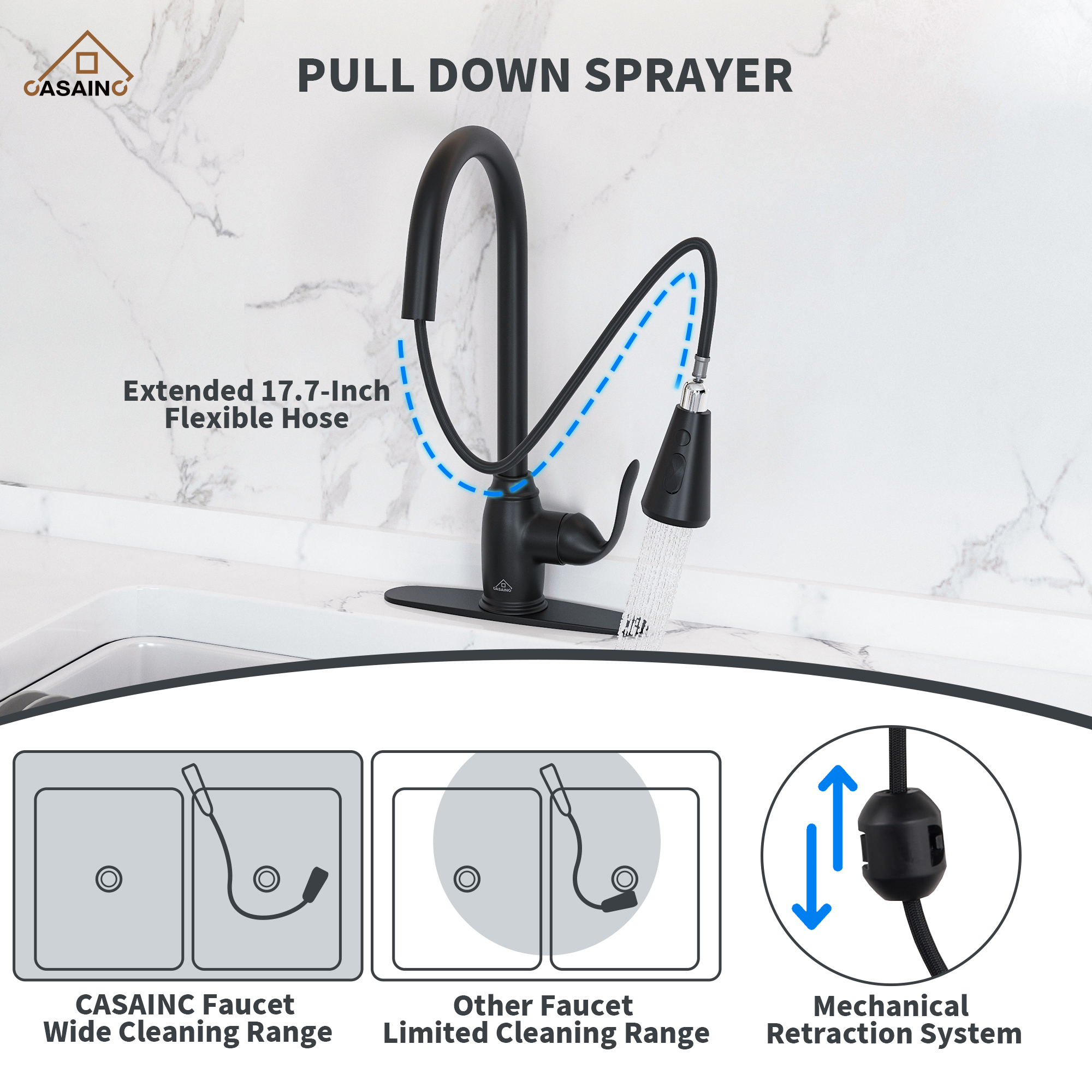 3-Function Spray Head Kitchen Sink Faucet with Pull Down Sprayer