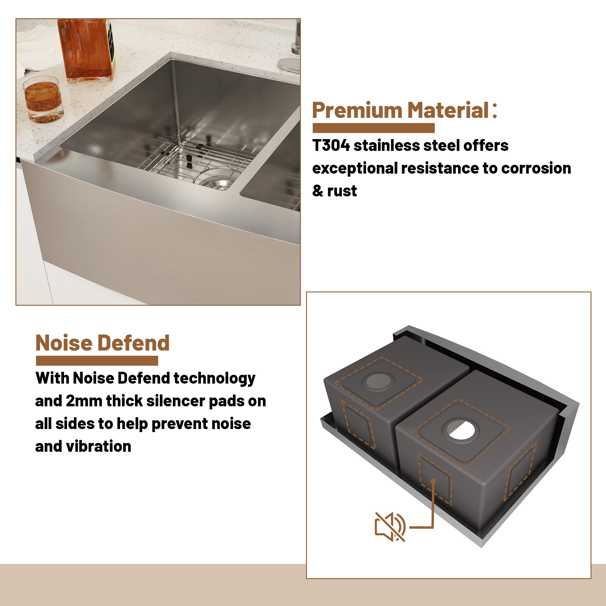 33 Inch Workstation Farmhouse Kitchen Sink Stainless Steel Apron Front Double Bowl Sink Basin