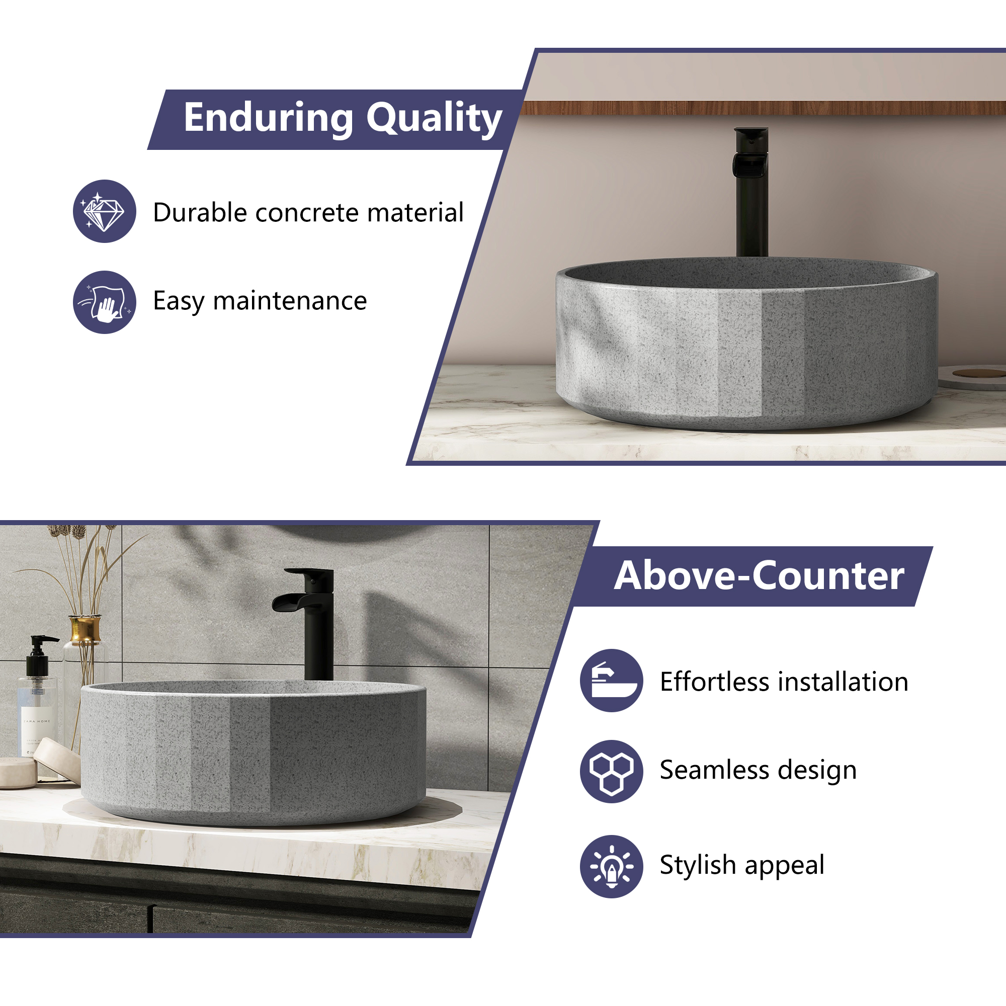 17in Bathroom Concrete Round Vessel Sink with Drainer in Black Earth / Mottled Bluish Grey / Taupe Clay