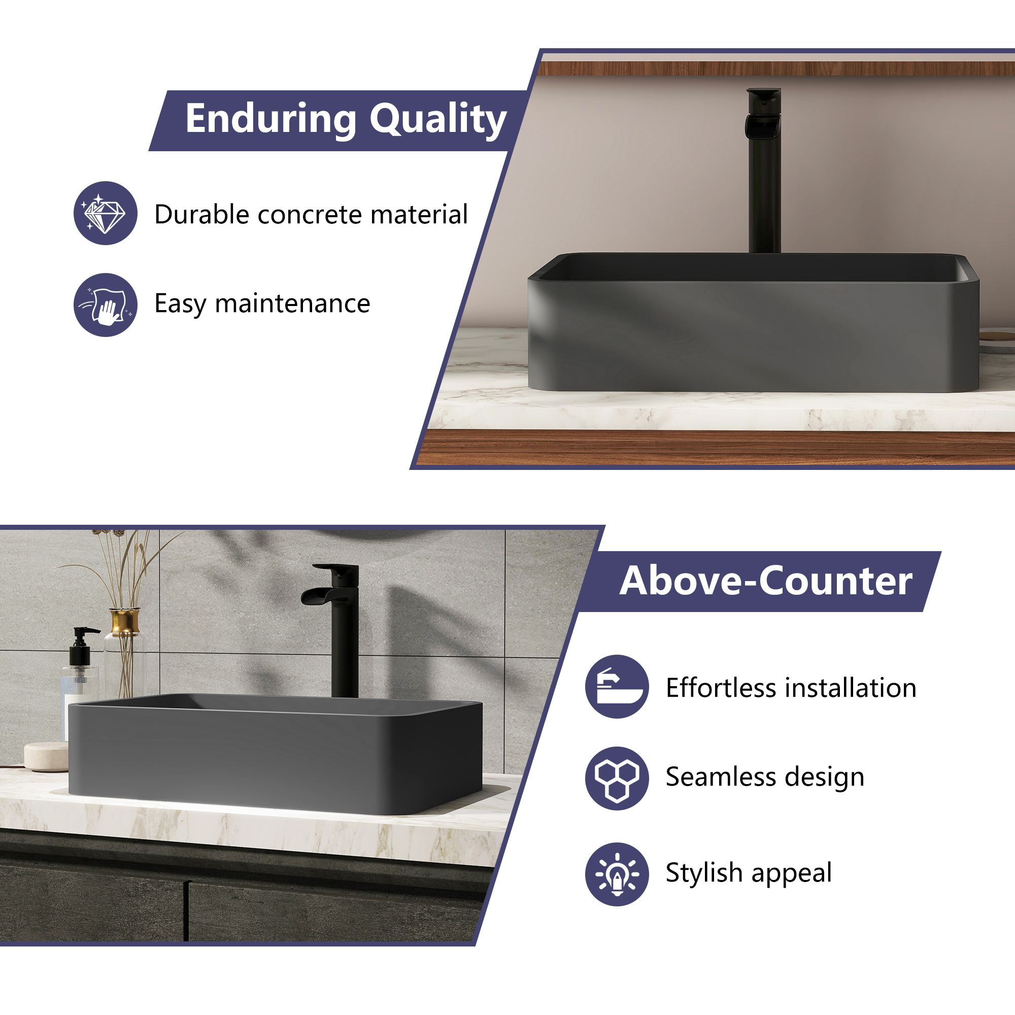 19in Bathroom Concrete Rectangular Vessel Sink with Drainer in Black Earth / Blue Ashes / Taupe Clay