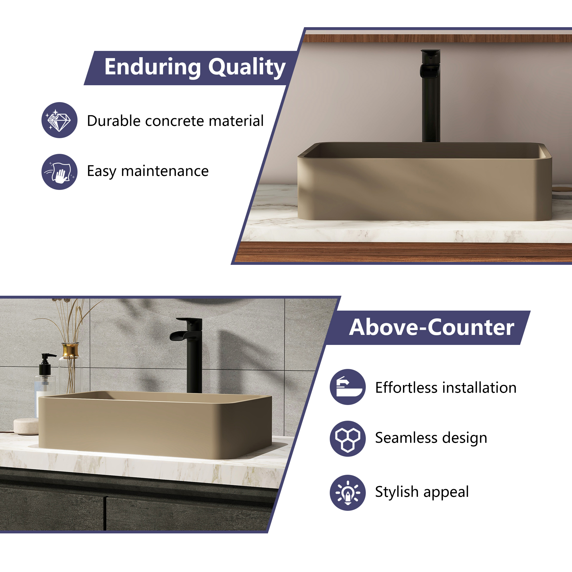 19in Bathroom Concrete Rectangular Vessel Sink with Drainer in Black Earth / Blue Ashes / Taupe Clay