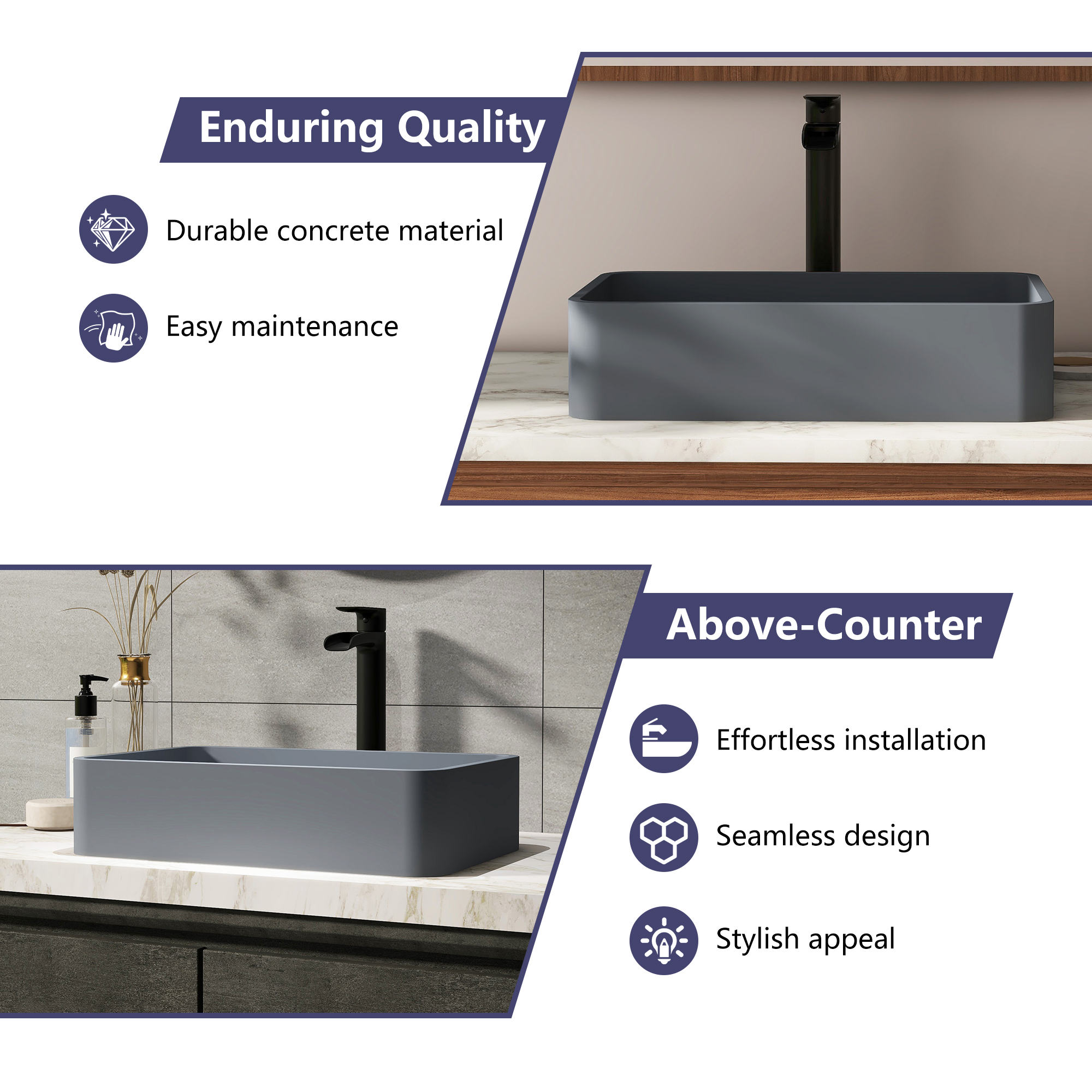 19in Bathroom Concrete Rectangular Vessel Sink with Drainer in Black Earth / Blue Ashes / Taupe Clay