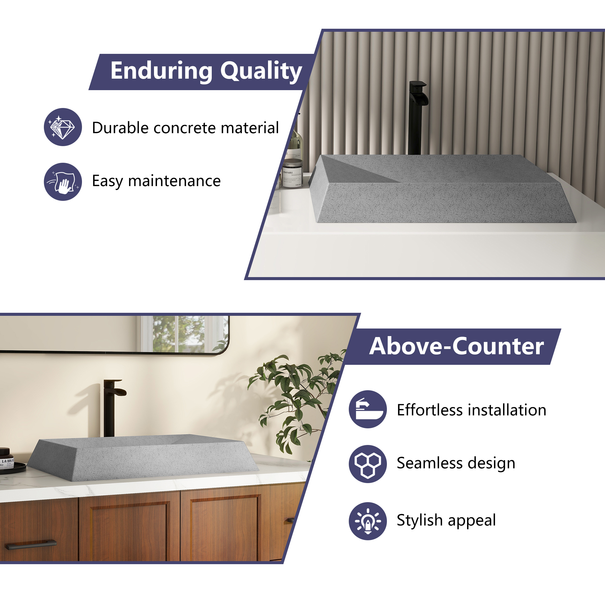 27in Bathroom Concrete Rectangular Vessel Sink with Drainer in Mottled Bluish Grey / Black Earth / Taupe Clay