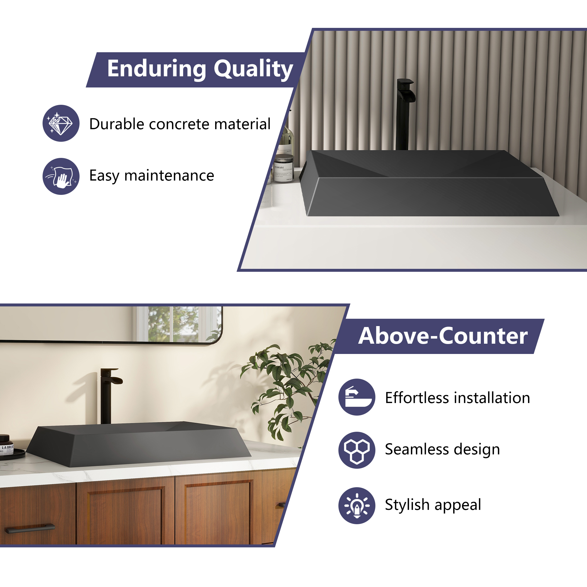 27in Bathroom Concrete Rectangular Vessel Sink with Drainer in Mottled Bluish Grey / Black Earth / Taupe Clay