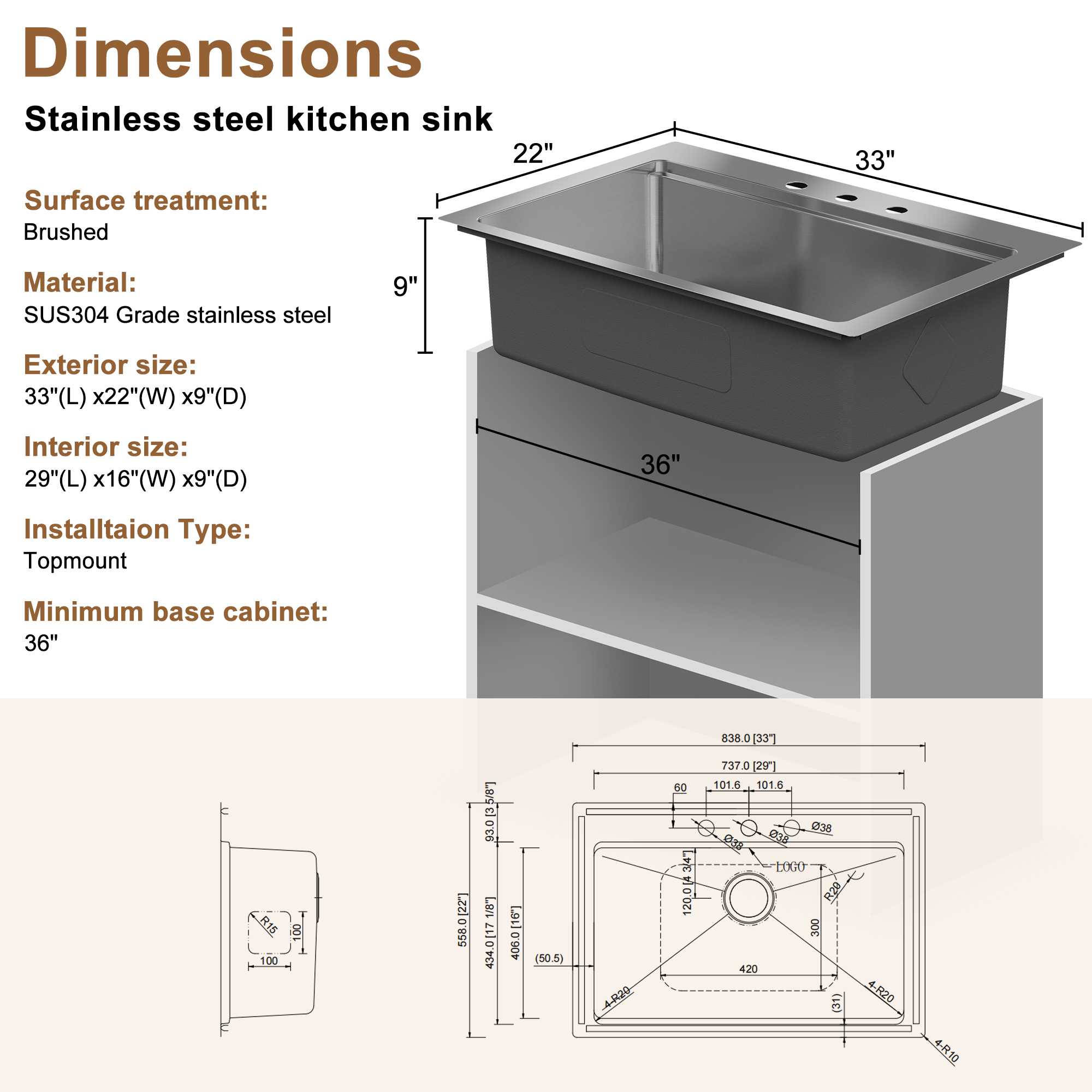 33inch 3-Hole Single Bowl Stainless Steel Drop-in Workstation Kitchen Sink with Accessories