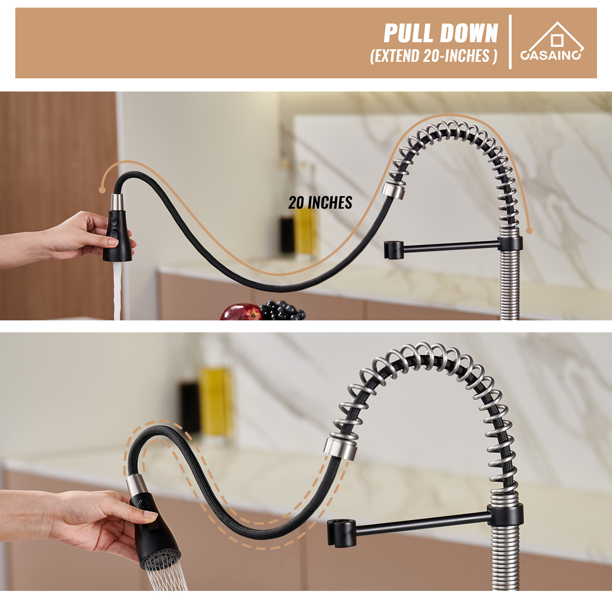  Pull-Down Sprayer Kitchen Faucet with 360° Swivel, Three Functions for Effortless Cooking and Cleaning