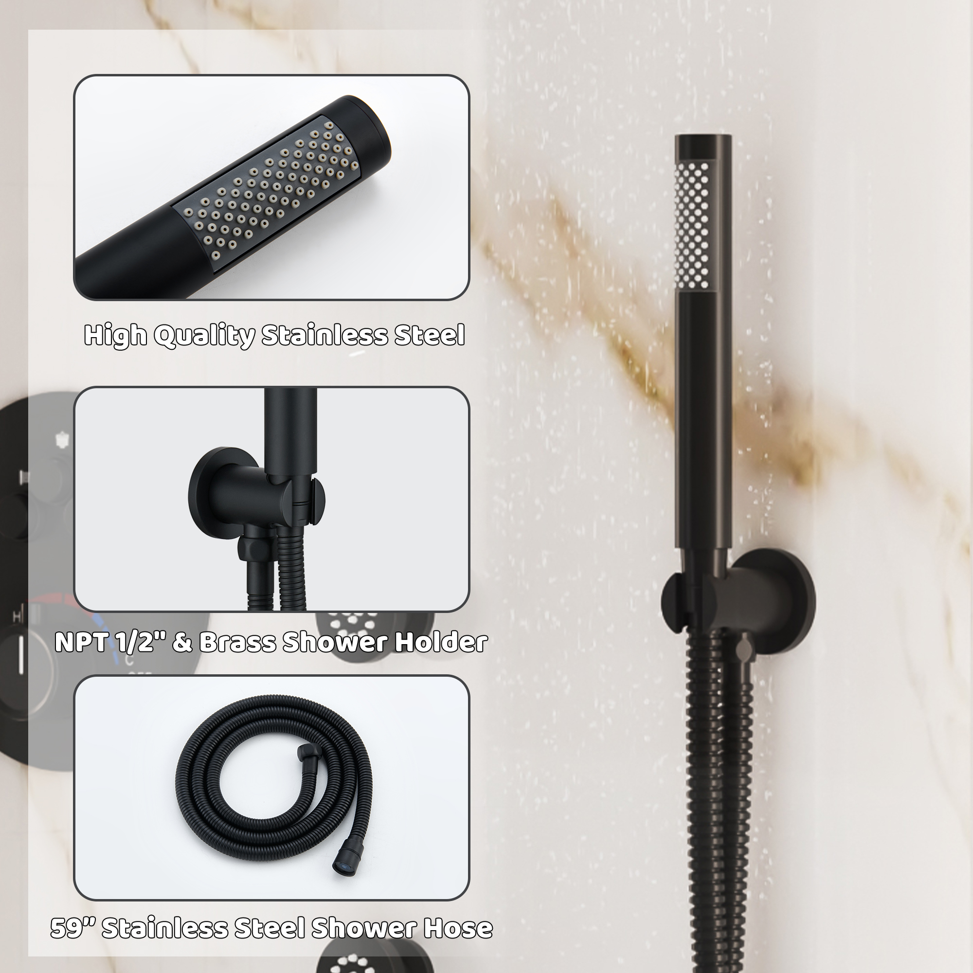 12" Round Rainfall Shower System with 6 Adjustable Body Jets